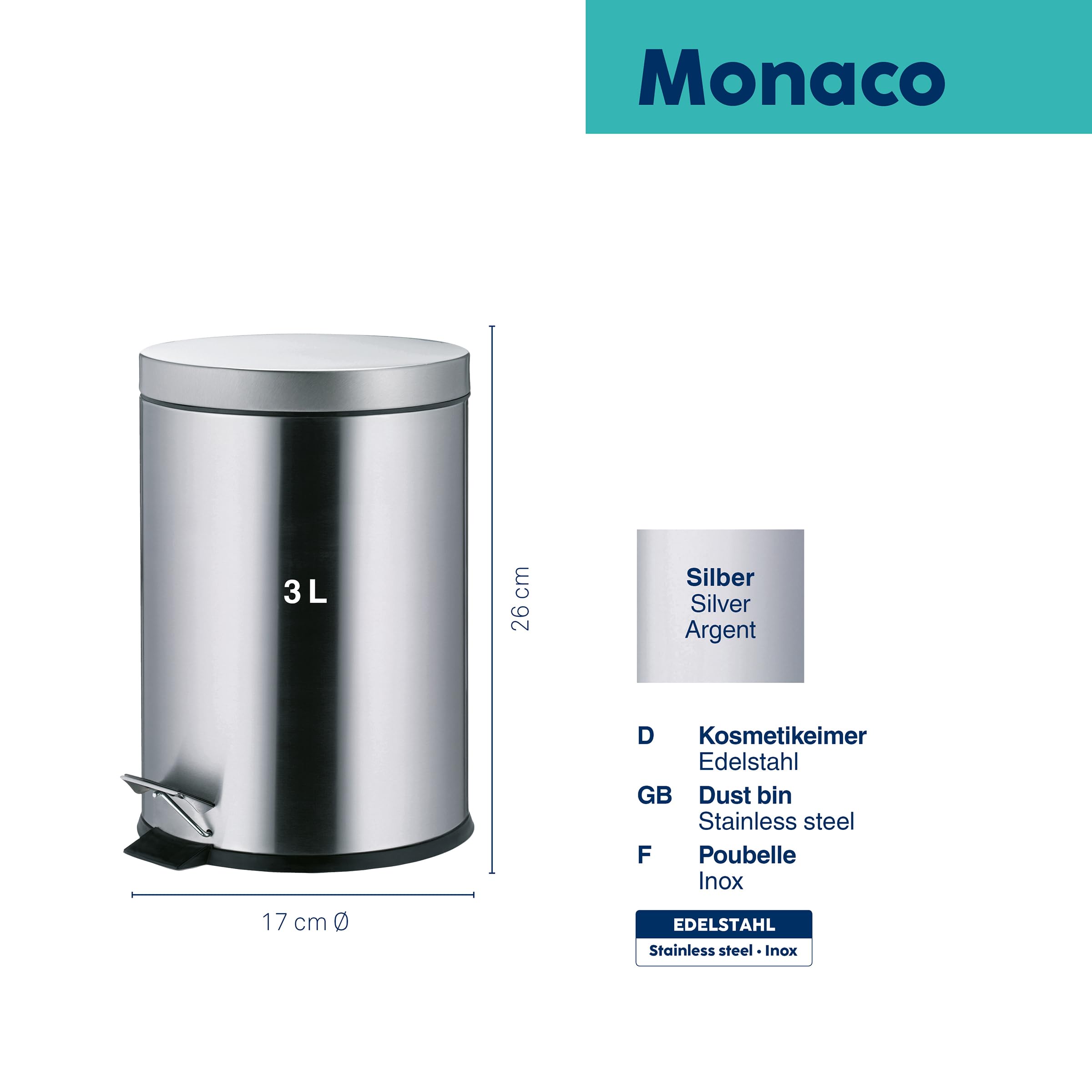 kela Cubo para cosméticos 3 l, cubo de basura con pedal MONACO, cubo de basura de acero inoxidable para baño con cubo interior y asa de transporte, mate