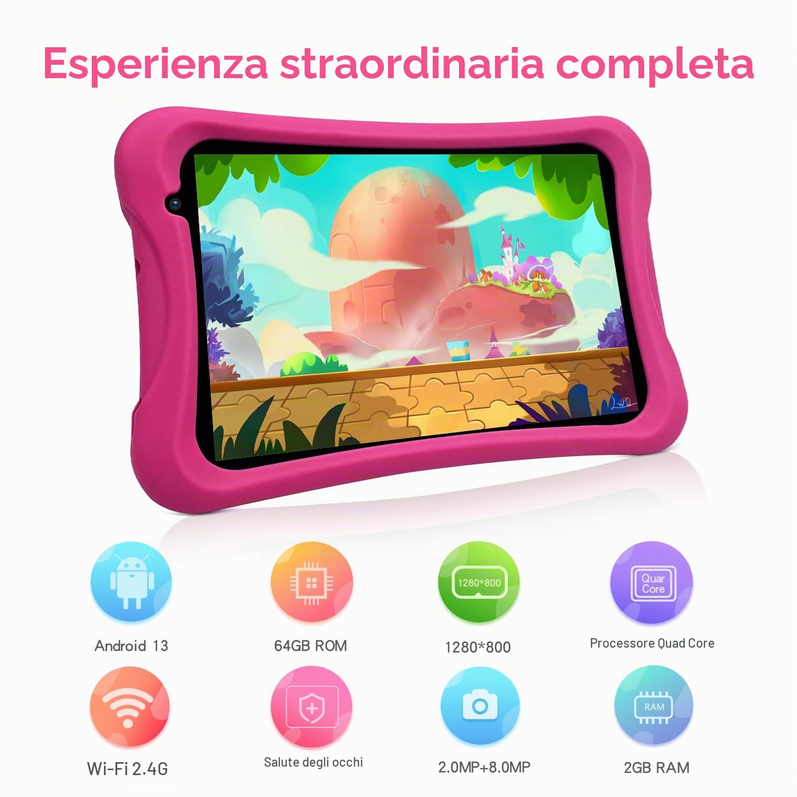 PRITOM Tablet bambini 8 pollici, tablet Android 10, controllo genitori, tablet per bambini, 32 GB ROM, espandibile a 512G, doppia fotocamera, con custodia per tablet per bambini (rosa)