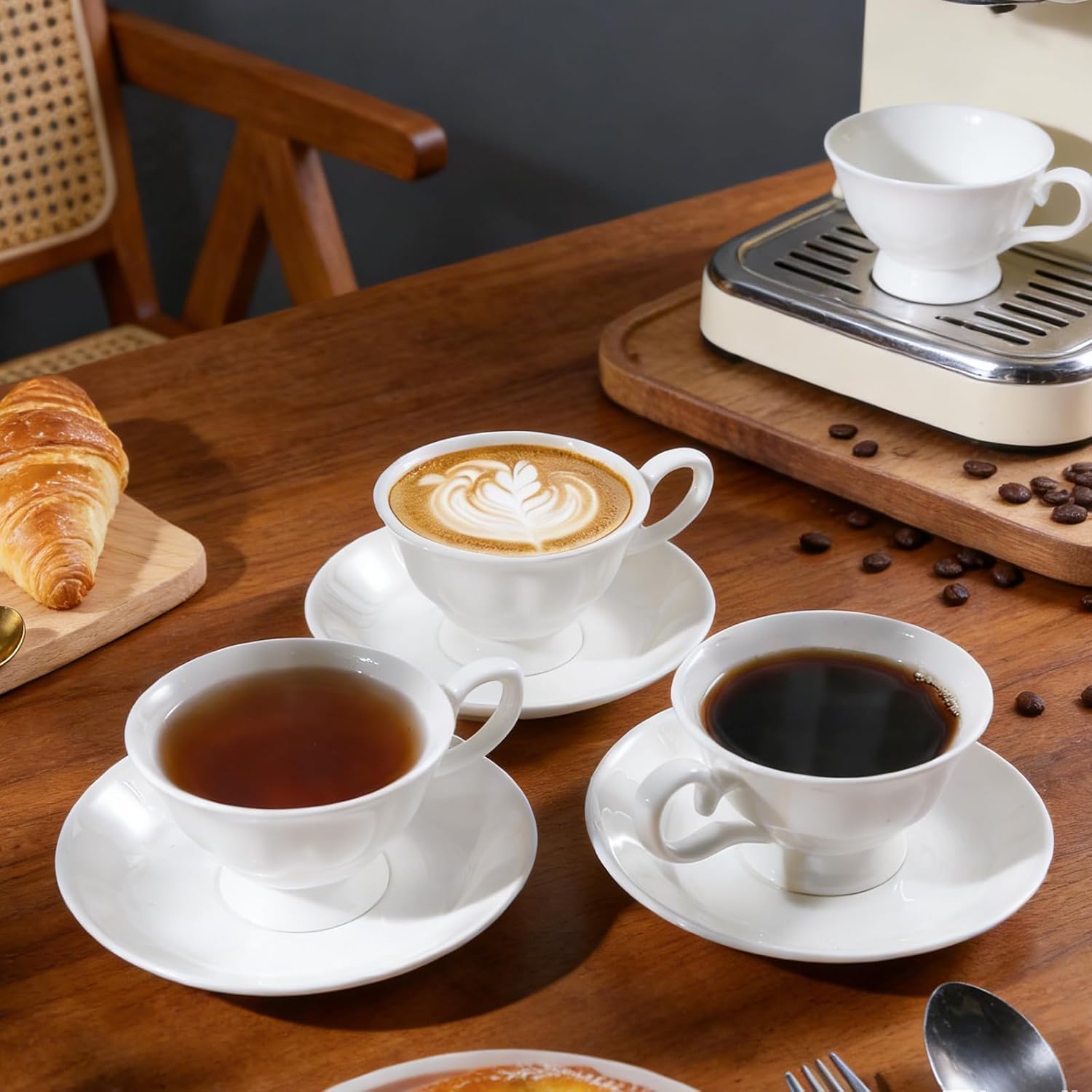 Fine Bone China Coffee Cups with Saucers, Set of 4 Vintage British Royal Style Ceramic Tea Cups, 4 Oz Small Tea Cup and Saucer Set for Afternoon Tea or Gift