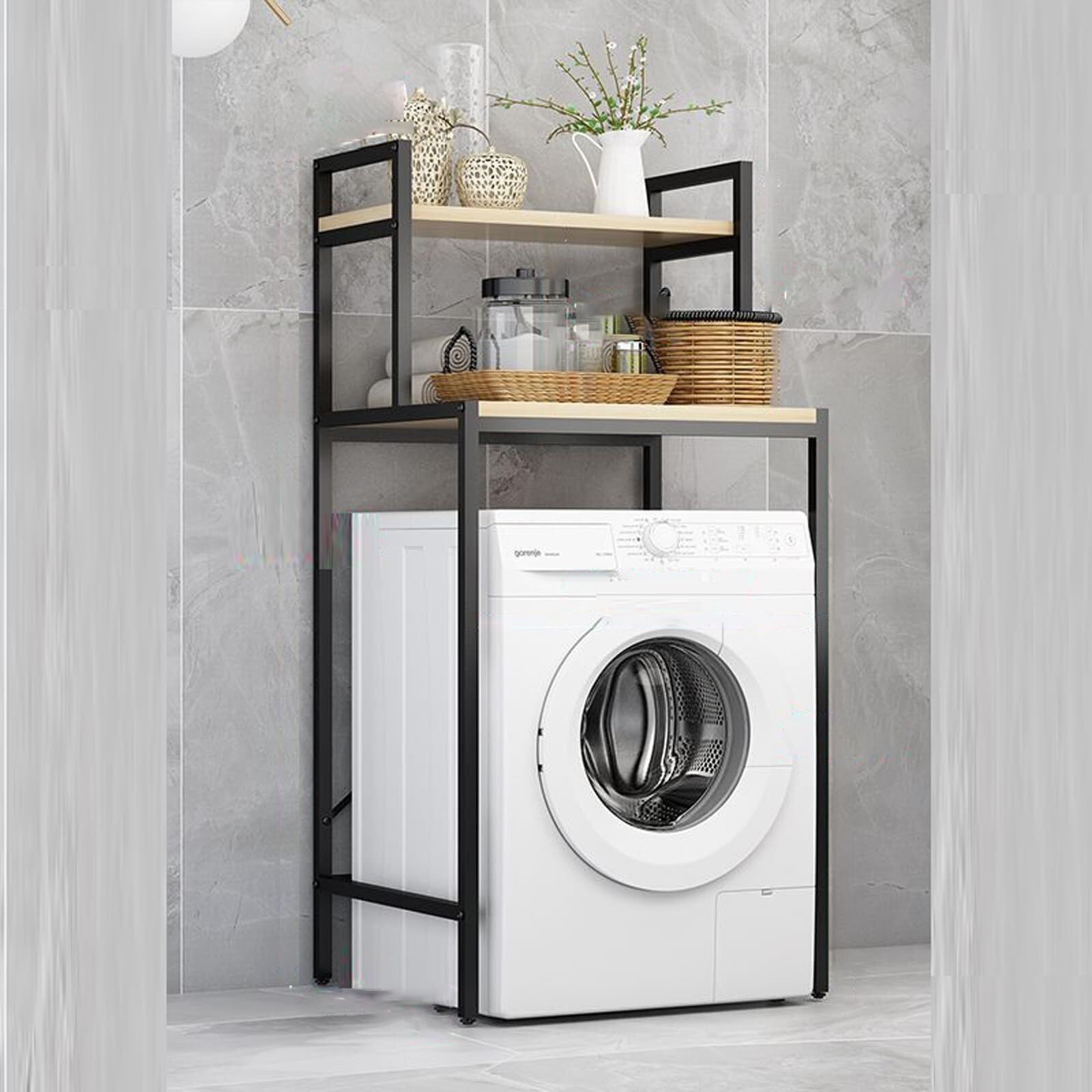 Scaffale Sospeso per Lavatrice e WC, Salvaspazio con 2 Ripiani, Bianco(Nero,2 Layer)