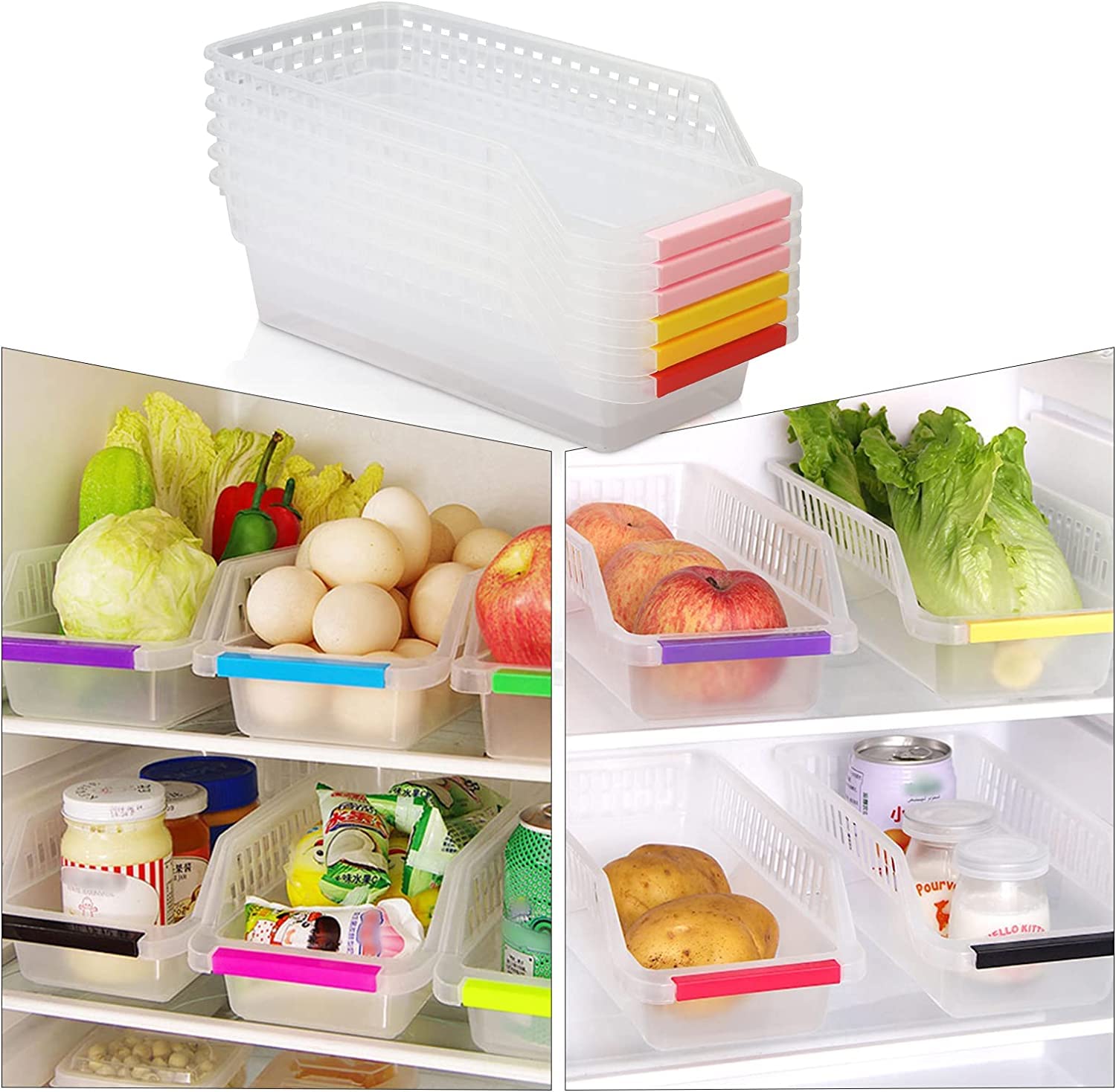 Organizer Frigorifero, 6 Pz PP Plastica Frigorifero Conservazione Cestini Impilabil Contenitori Frigo Cassetti Frigoriferi Vaschette Salvaspazio per Organizzazione Scaffali Cucina Dispensa