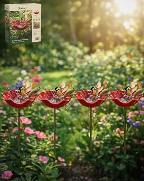 Handmade Metal Flower Garden Stake with Bee Bath & Bird Water Bowl Decorative Outdoor Yard Art, Butterfly & Pollinator Watering Station, Weather-Resistant Garden Decor Gift4pcs