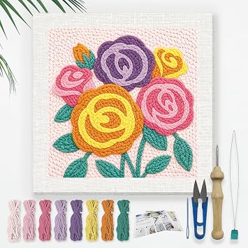 DOODLREAM Punch Needle Set Colourful Rose Bouquet for Beginners 24 x 24 cm