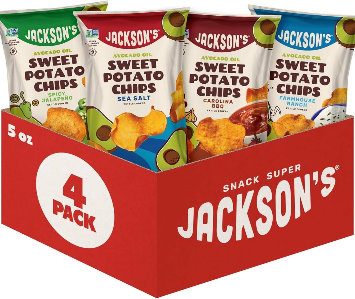 Jackson’s Sweet Potato Kettle Chips Avocado Oil Variety Pack made with Premium Oils (5 oz, Pack of 4) - Allergen-friendly, Gluten Free, Peanut Free, Vegan, Paleo Friendly - Shark Tank Product