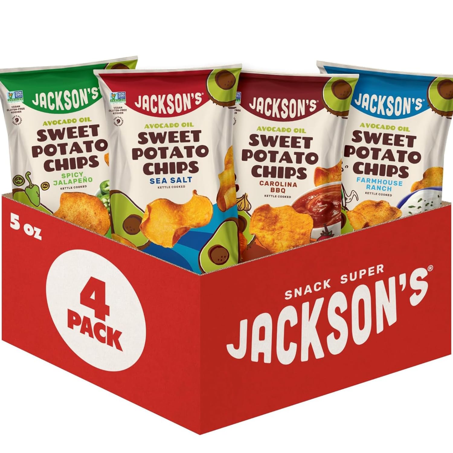 Jackson’s Sweet Potato Kettle Chips Avocado Oil Variety Pack made with Premium Oils (5 oz, Pack of 4) - Allergen-friendly, Gluten Free, Peanut Free, Vegan, Paleo Friendly - Shark Tank Product