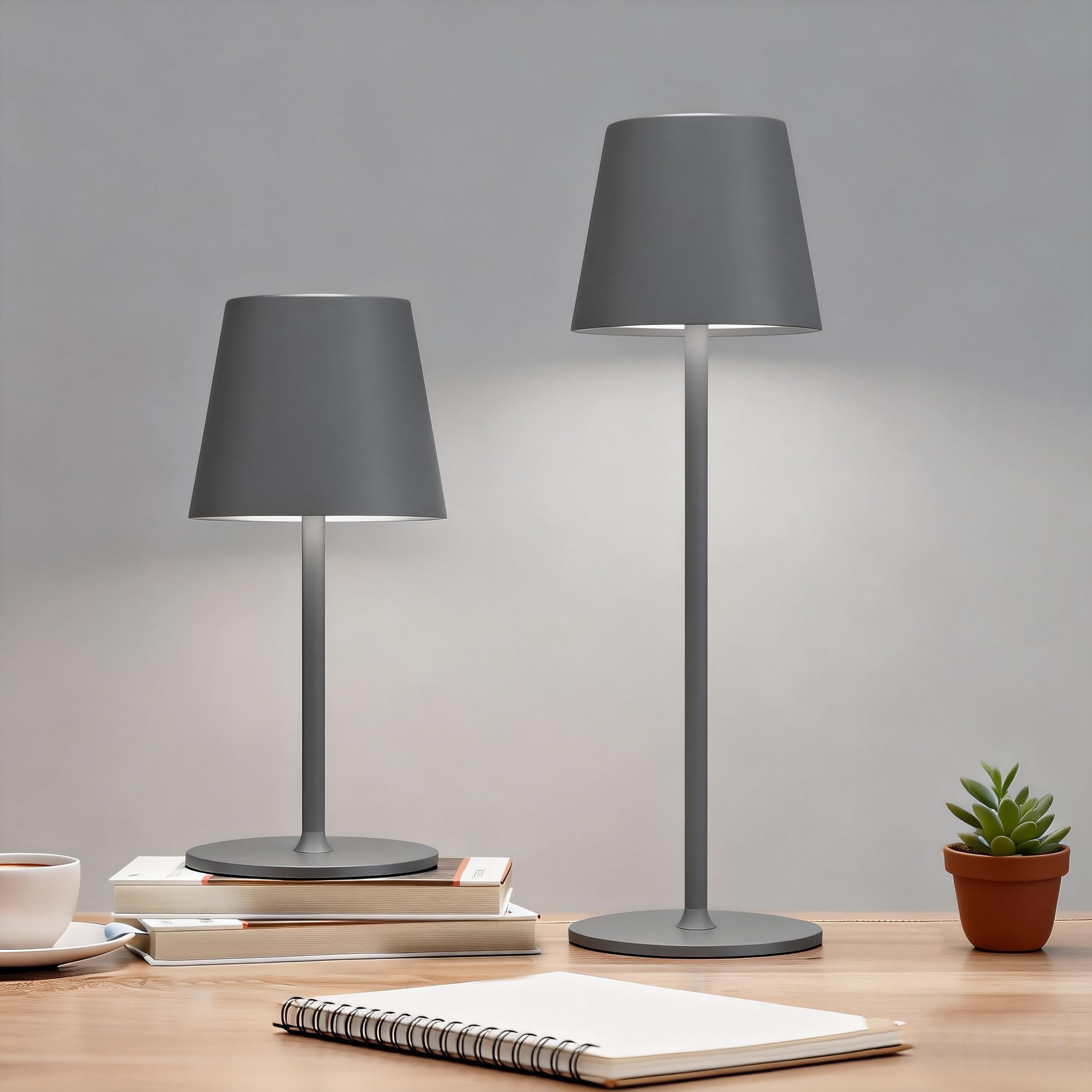 Gray Rechargeable Table Lamp with Metal Shade, 3 Adjustable Pole, 5400mAh Battery, 320LM Cordless Touch Diming Bedside Lamps with 3-Color Modes, Wireless Lamps for Bedroom Restaurant Outdoor (2 Pack)