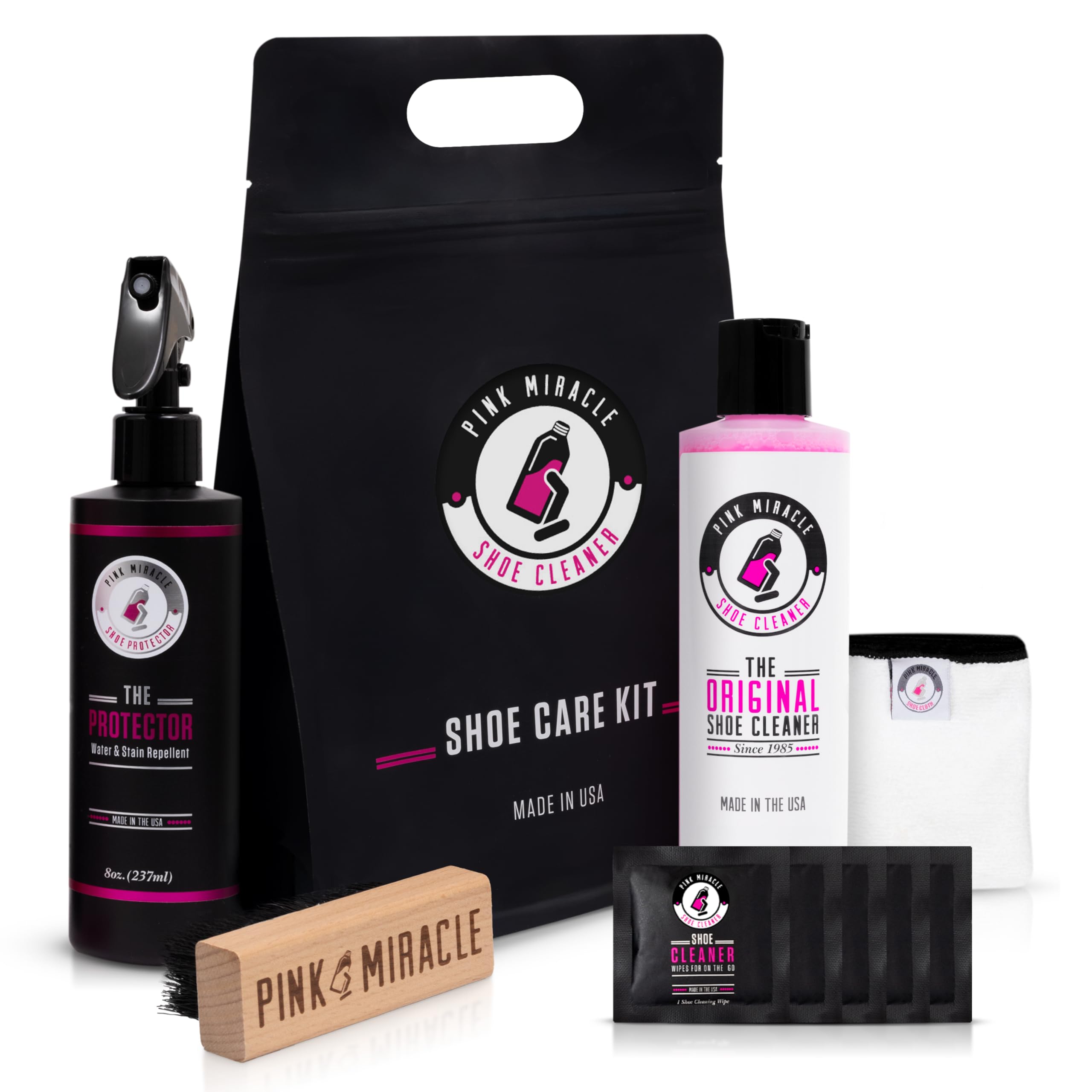 Pink Miracle Shoe Care Kit - Includes 8 oz. Shoe Cleaner and Brush, The Protector Sneaker Repellent Spray, Shoe Cleaning Wipes (5), and a Microfiber Towel