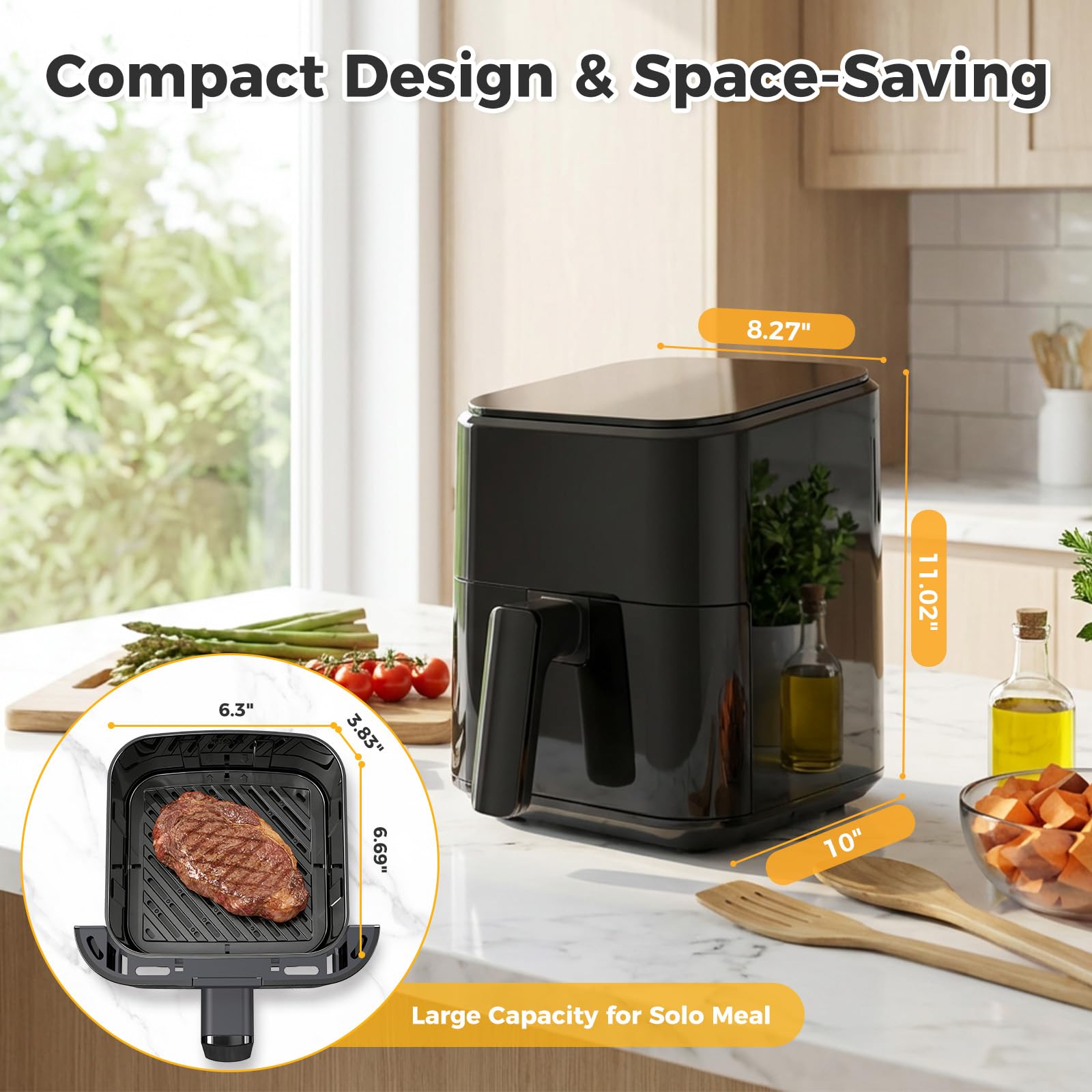 DUMOS 6qt Air Fryer with Window, Square Air Fryer 12-in-1 Air Fry, Roast, Reheat, Dehydrate, Bake, Reheat, Fries, Sea Food, Steam with 400F Kitchen Appliances Grey view 5