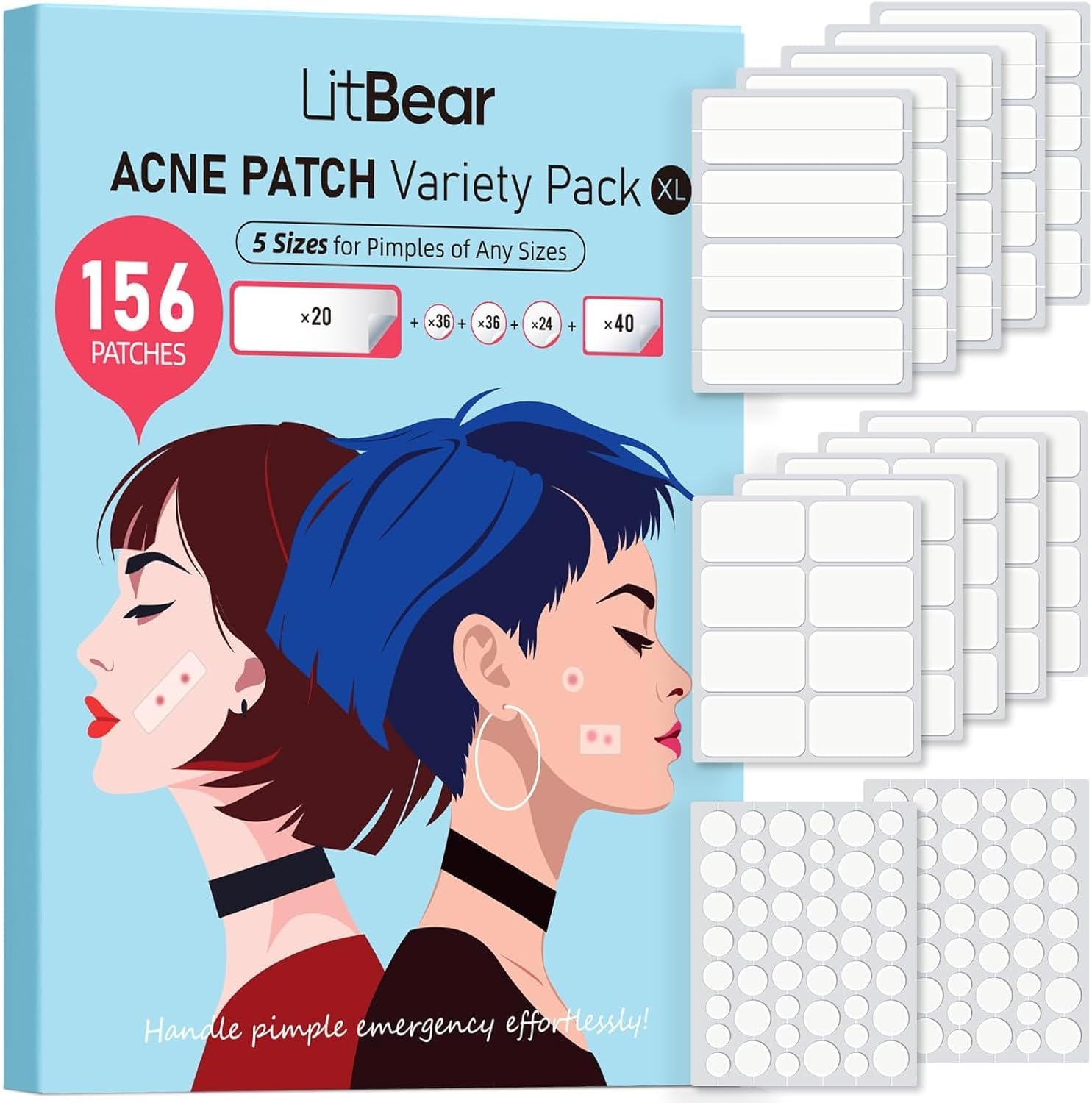 Grote acne patches (5 maten, 156 stuks), acnepatches voor gezicht, kin, rug of lichaam, hydrocolloïde acne patches voor alle huidtypes