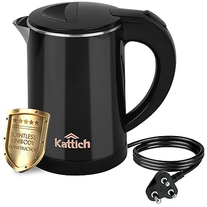 KATTICH 600ml Cordless 1100W Double wall Steel Body Portable Electric Kettle for Water/Tea/Coffee/Milk/Noodle with Quick Heating by Concealed Element, Auto Shut off & Dry Boil Protection (Black)