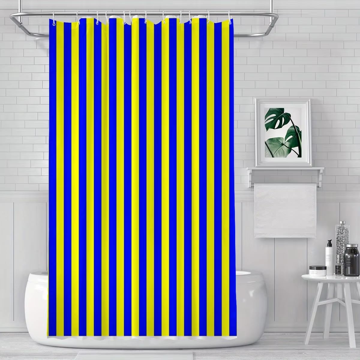 Tenda da doccia a righe verticali, fantasia blu e gialla, design geometrico moderno, in poliestere con ganci, decorazione per la casa, paraschizzi per il bagno (240x210 cm/LxA)