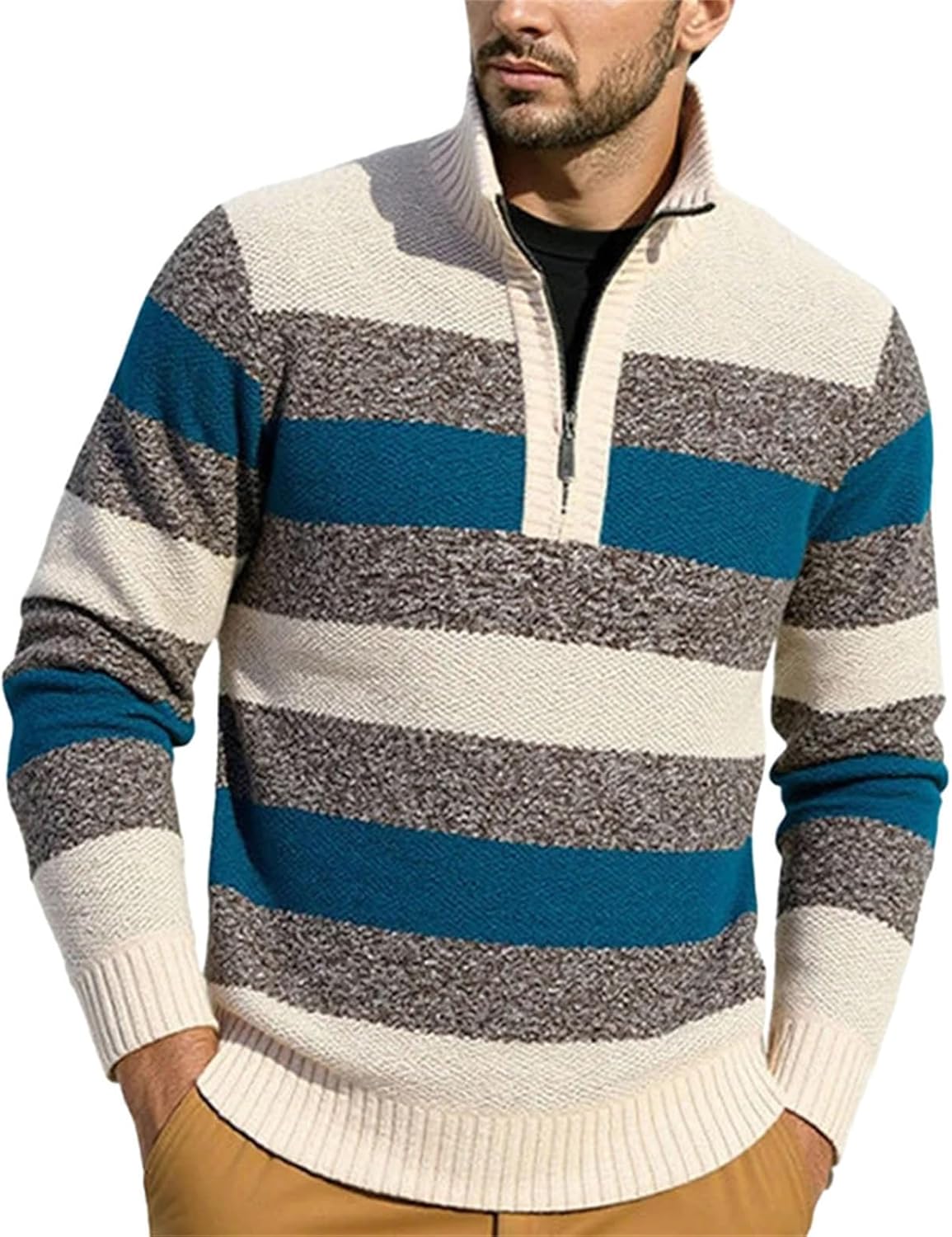 Men's Classic Striped Jumper Tops Winter Daily Casual Slim Fit Sweaters Leisure Zipper Stand Collar Coats
