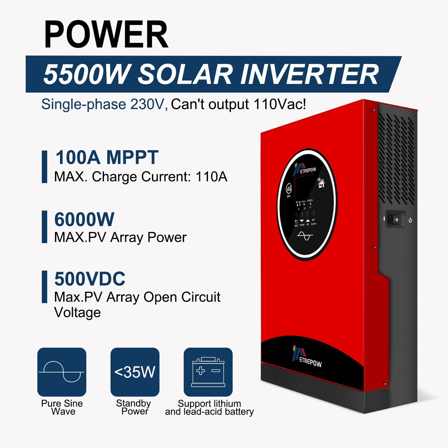 ETREPOW 5500W Solar Inverter with specifications