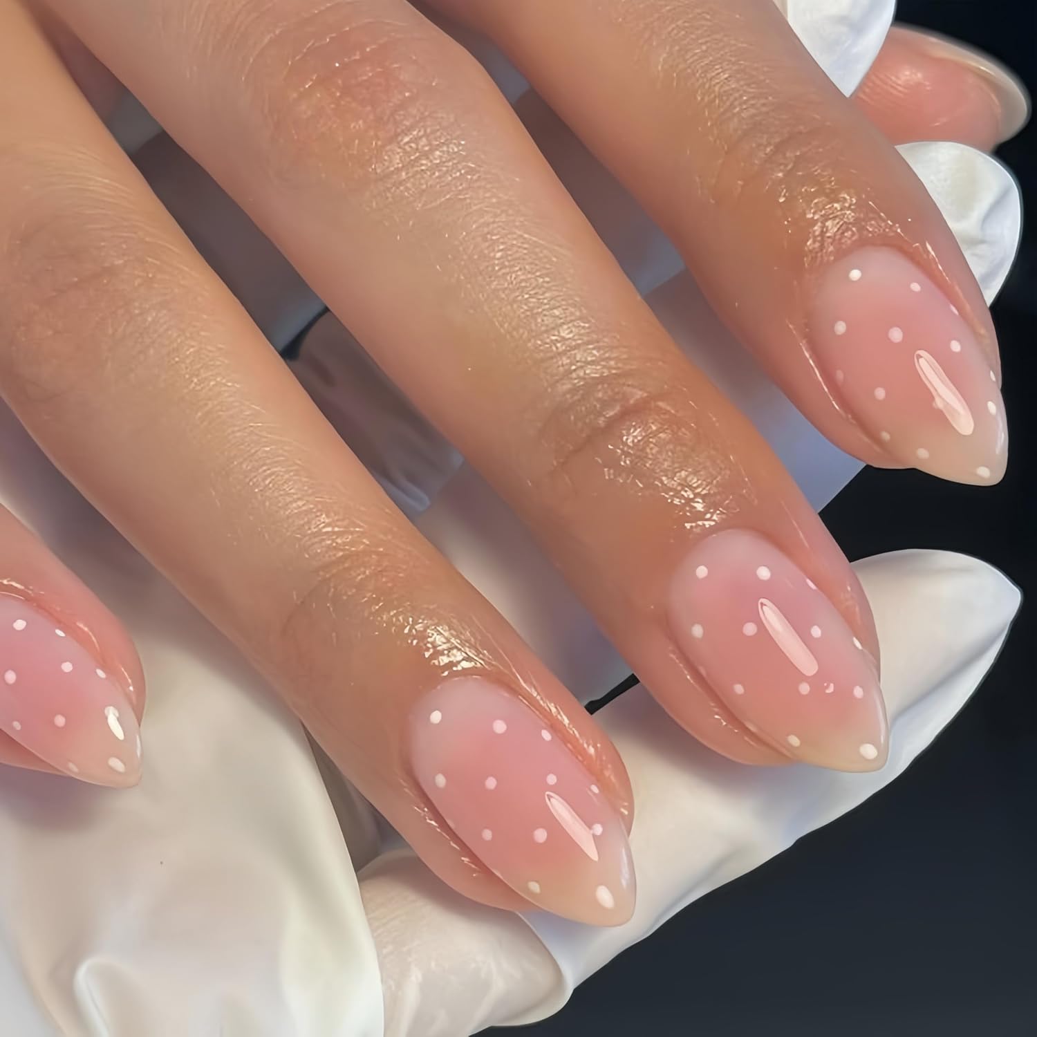 KQueenest 24 Pcs Press on Nails Short, Blush Pink Almond Fake Nails with Polka Dot Designs, Sweet Polka Dot Nail Press ons, Reusable Glossy Soft Gel Glue on Nails for Women