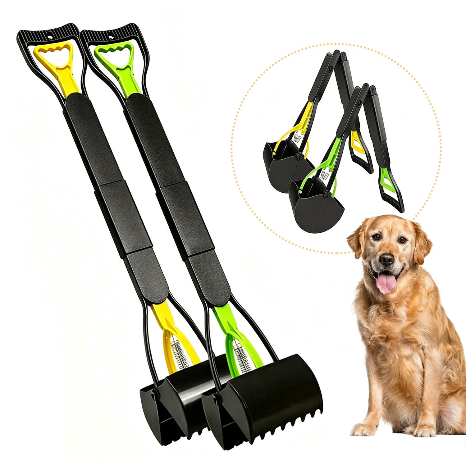 Lot de 2 trottinettes à déjections canines de 81,3 cm de long avec poignée sans contact pour grands chiens et petits chiens, outil portable pour ramasser les déjections canines de grande