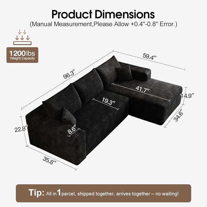 96” L - Shape Boneless Modular Sectional Cloud Couch with Chaise - Modern Comfy Corduroy Compressed couches for Living Room - Memory Foam Sofa, No Assembly Required (Black) image 2