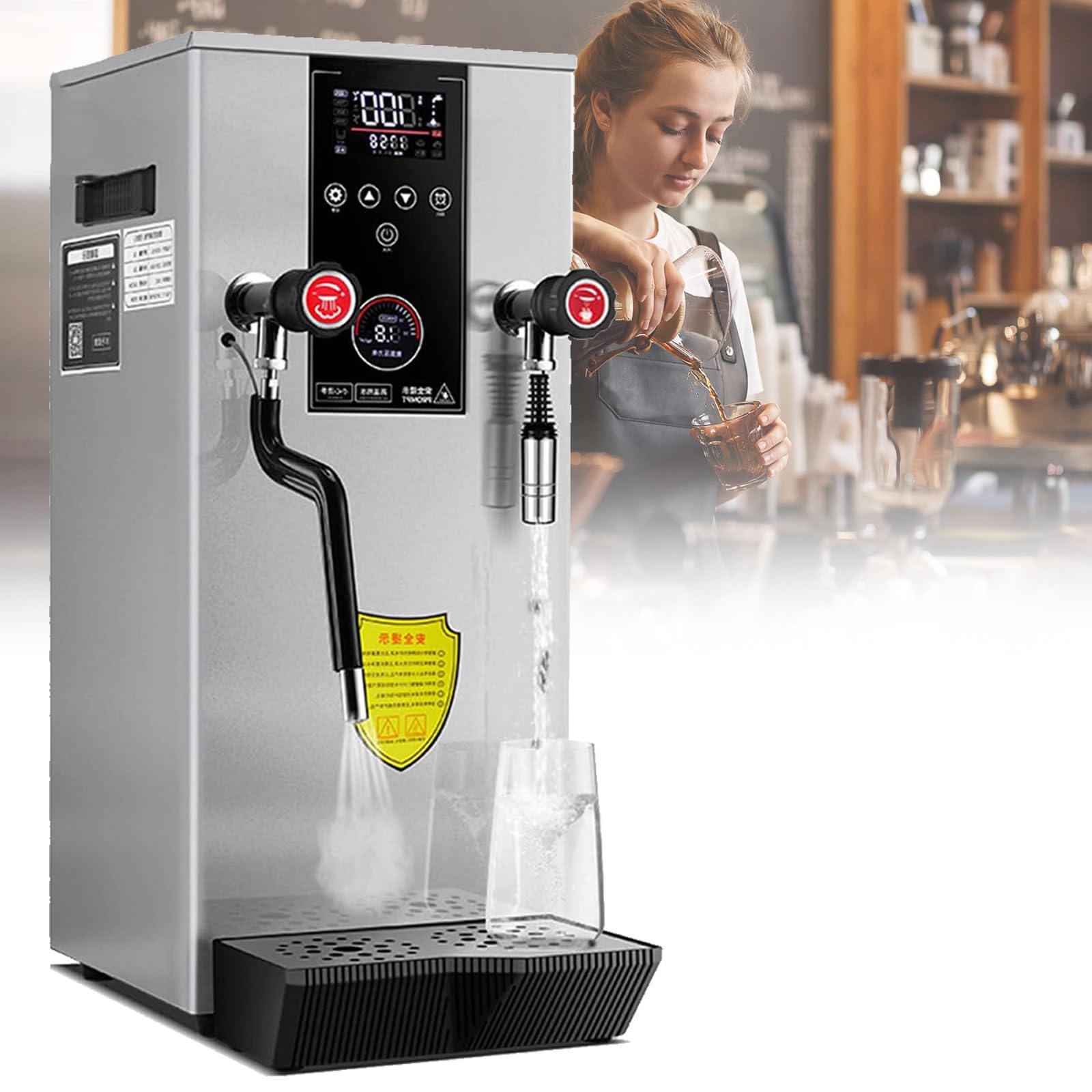 Espumador de leche eléctrico comercial de 220 V y 2500 W, para hervir agua y leche, con 2 pantallas LCD de temperatura (plateado)
