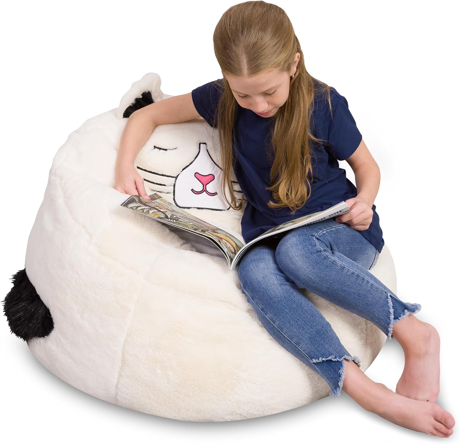 Posh Creations Cute Soft and Comfy Bean Bag Chair for Kids, Large, Animal - Ivory Cat Animal - Ivory Cat Bean Bag Chair