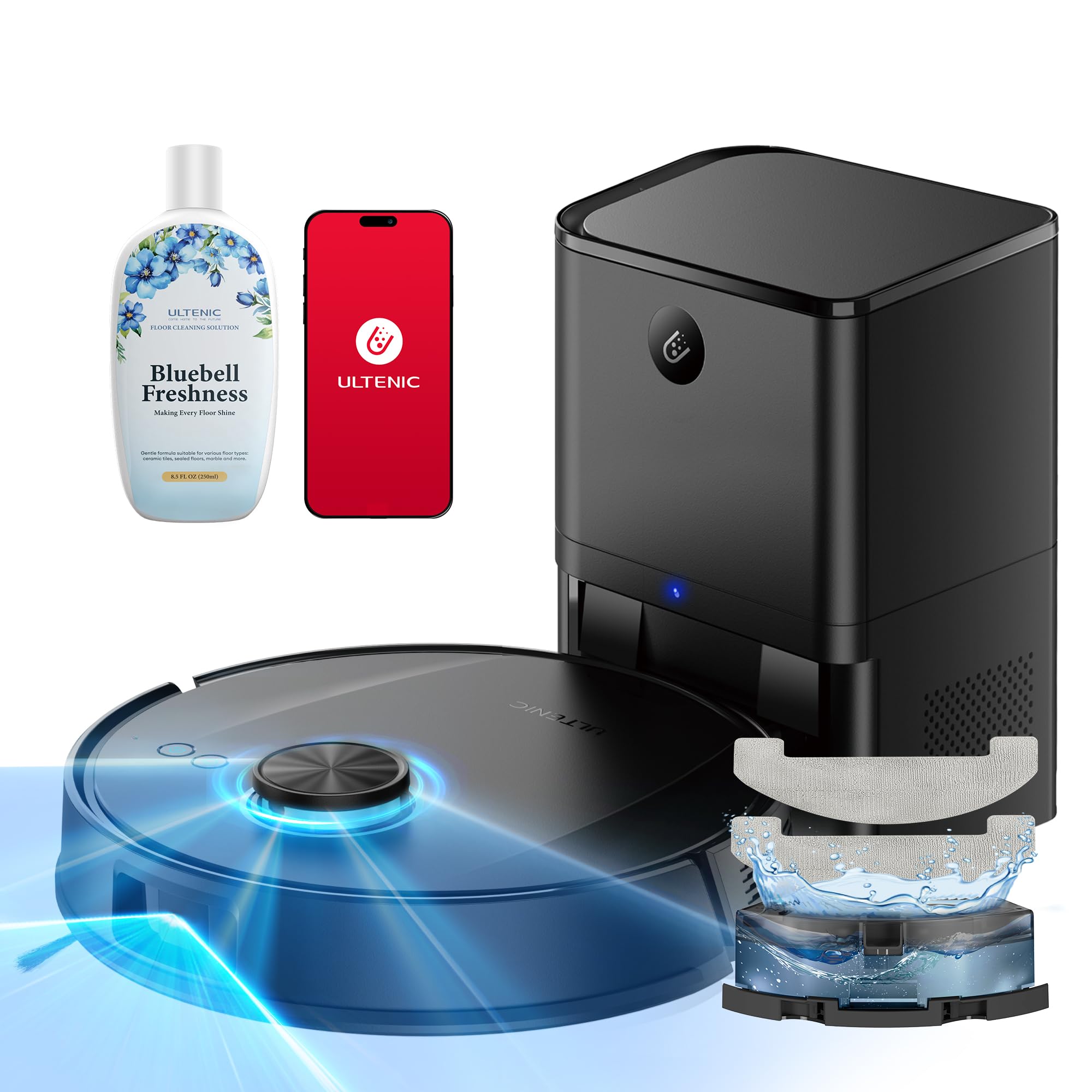 Ultenic T20Pro Robot Aspirapolvere con Laser Lineare Evoluto, Autosvuotamento 10 Settimane, 10000Pa con Boost Automatico Tappeti, Include Detersivo Mughetto, Mappatura LiDAR, Controllo App/Alexa