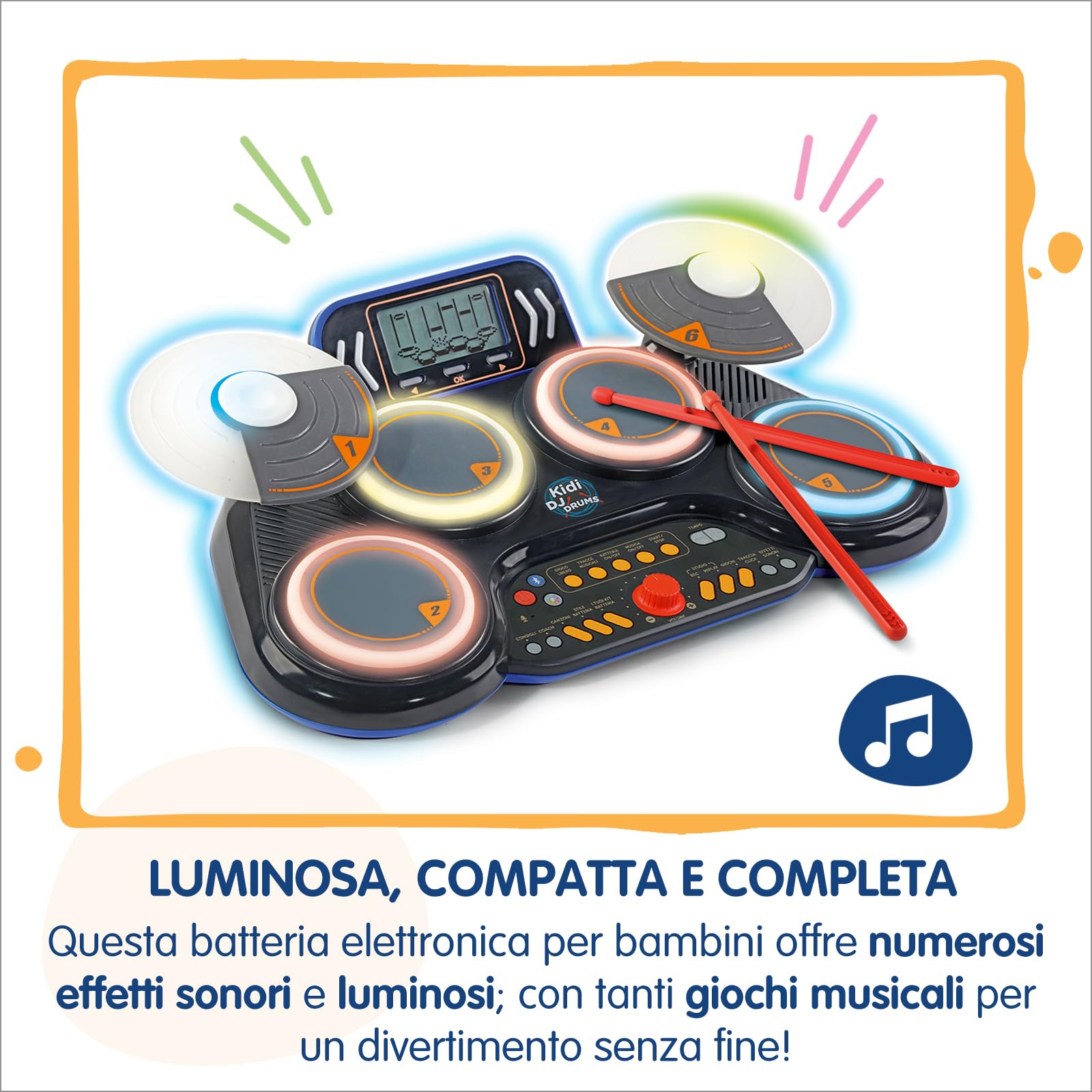 VTech Kidi DJ Drums, Batteria Elettronica per Bambini con Pad Luminosi, Giochi Musicali, Modalità Bluetooth e Microfono Integrato, Bacchette Incluse, Lingua Italiana, Batterie Incluse, 6+ Anni
