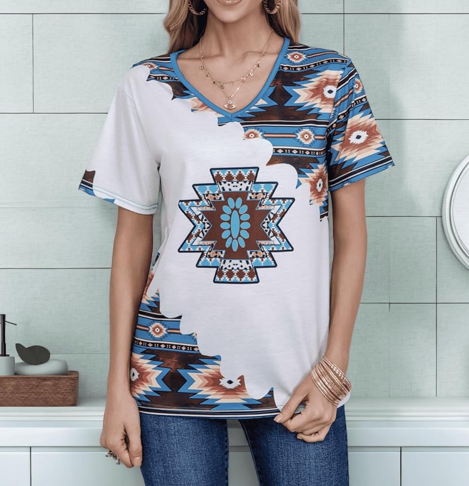 Aztec print tops for women Western tribal ethnic style short