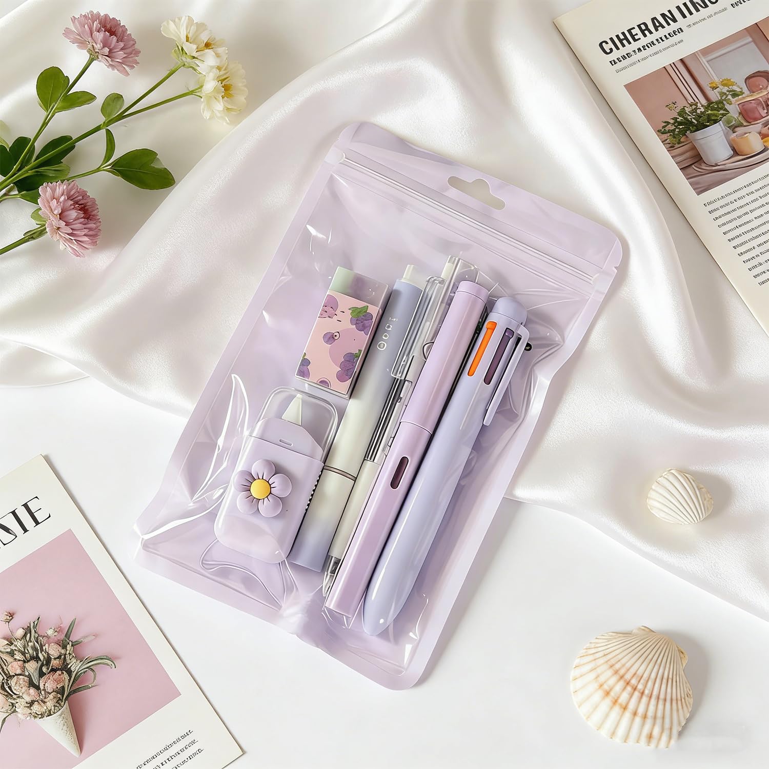 Set di 6 articoli di cancelleria viola per donne - Mini forniture kawaii per ufficio e scuola con penna a sfera, penna gel, evidenziatore, matita eterna, correttore a nastro, gomma