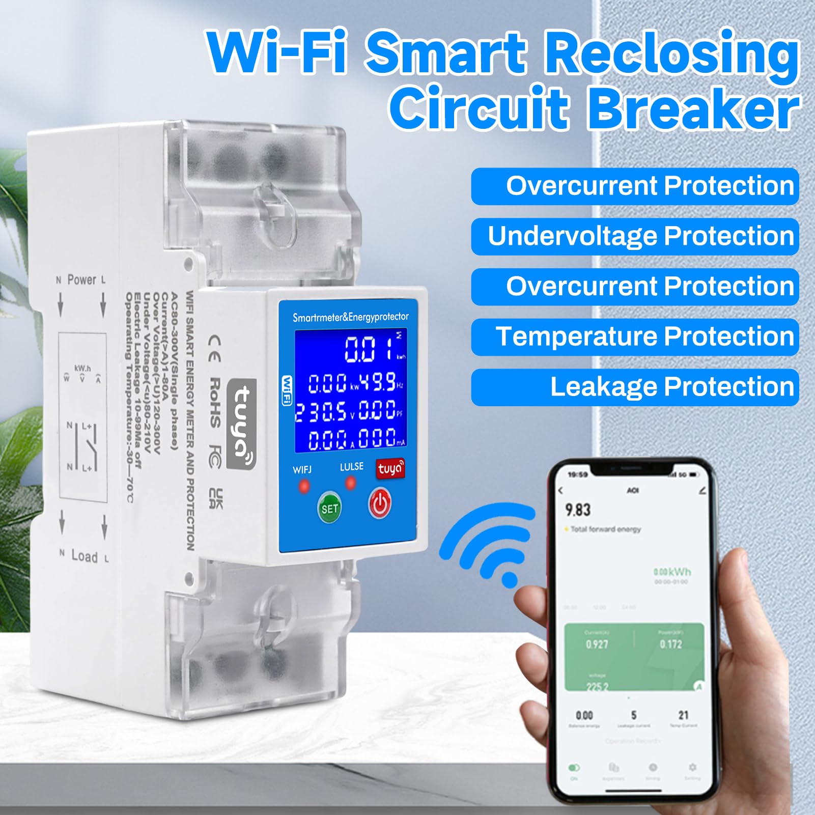 Contatore energia elettrica wifi 80A Comando vocale tuya smart misuratore consumo elettrico 2P 80-300VAC riarmo automatico contatore Protezione da sovratensione e sottotensione