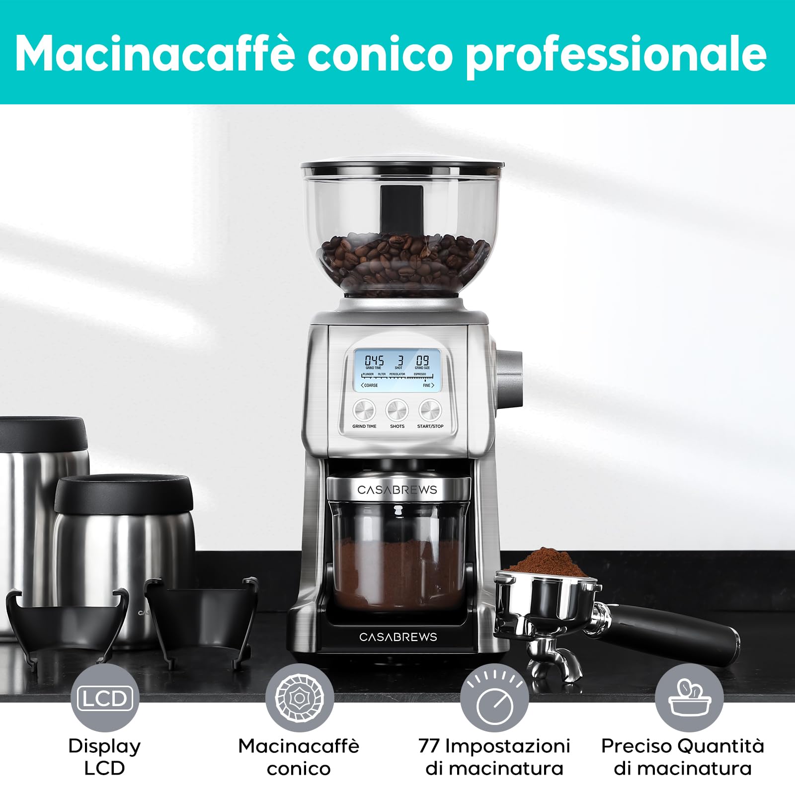 Macinacaffè Elettrico A Cono - 77 Livelli Di Macinatura, Contenitore 400g, Per Espresso E Caffettiera - Foto 8