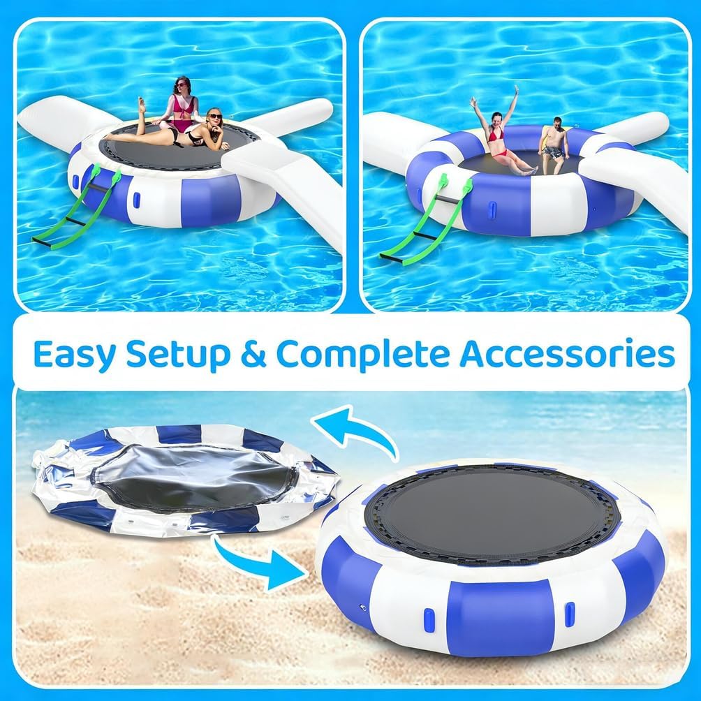 10Ft Water Trampoline for Lake, Pools & Oceans – Heavy-Duty Floating Bouncer for Kids and Adults with Slides, Balance Tubes & Jump Bags – Perfect for Water Parks and Splash Pads