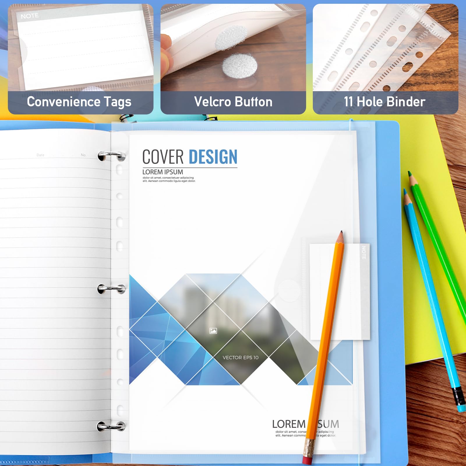 TAOPE 20 Pack Punched Pockets A4 Plastic Wallets, 11 Holes Binder Pocket with Velcro Closure and Label Pocket - Image 4