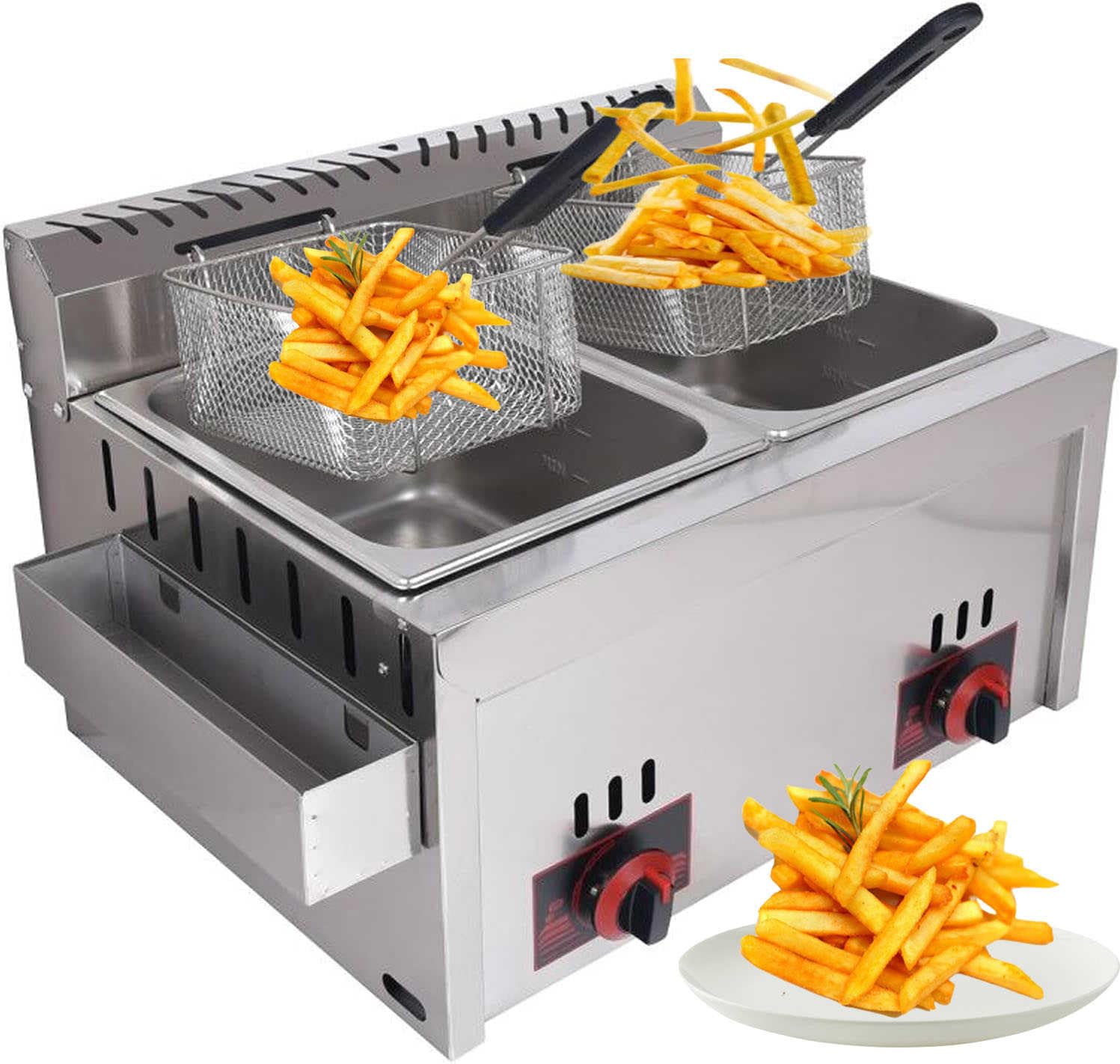 Commercieel aanrecht LPG-gas friteuse dubbele tanks met 10 l x 2/3 mand en deksel roestvrij staal grote capaciteit propaan LPG - ideaal voor frites - thuis keuken restaurant (2 manden Commercieel aanrecht LPG-gas friteuse dubbele tanks met 10 l x 2/3 mand en deksel roestvrij staal grote capaciteit propaan LPG - ideaal voor frites - thuis keuken restaurant (2 manden