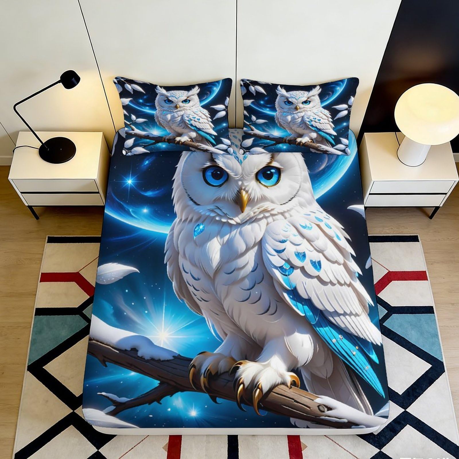 3D Printed Snowy Owl Fitted Sheet Microfiber Soft Breathable Night Sky Bed Cover for Bedroom Dormitory Guest Room Mattress Protection Decor 120x200x25cm