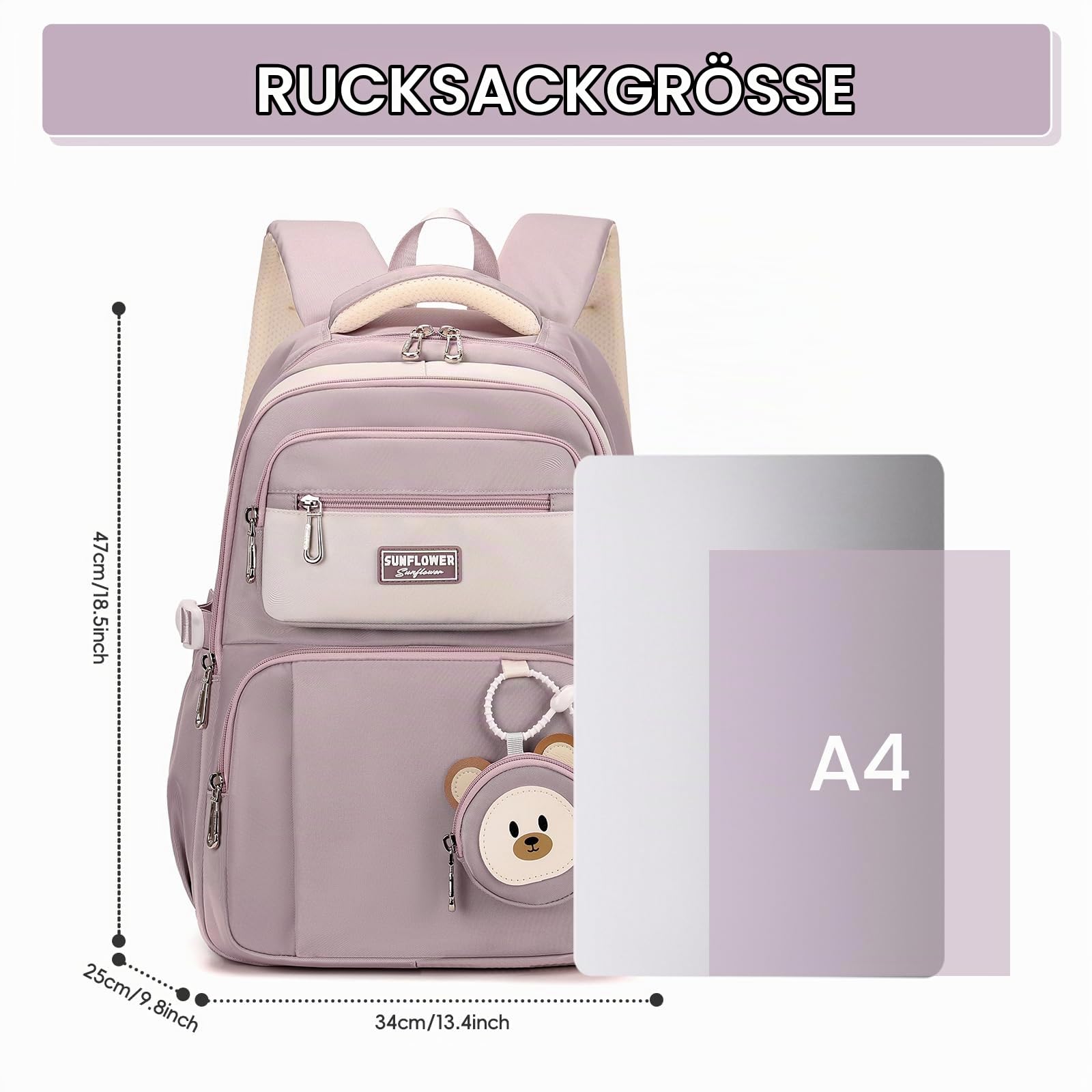 Amythe Schulrucksack Teenager Rucksack Mädchen, Schulranzen für 3.-5. Klasse, 40L Großer Kinderrucksack mit Niedlicher Münzgeldbeutel für 9-18 Jahre, Lässiger Daypack mit Trolleyband -Lila