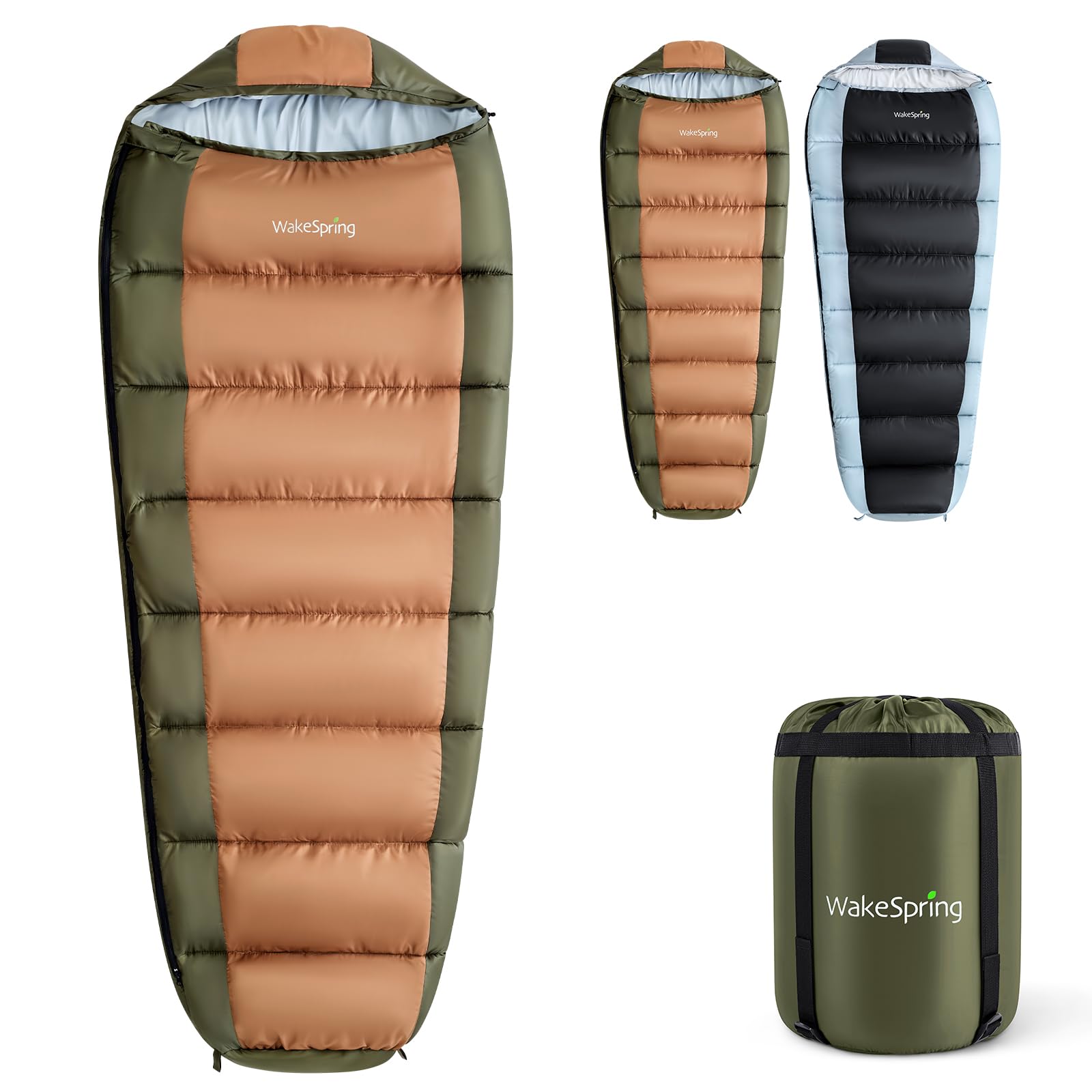 WakeSpring Mummy Sleeping Bag with Water-Repellent Windproof Shell for 3-Season Cold Weather (-5 to 10°C) - 450 GSM Fill, 3D Footbox & Compression Sack for Camping, Hiking, Backpacking