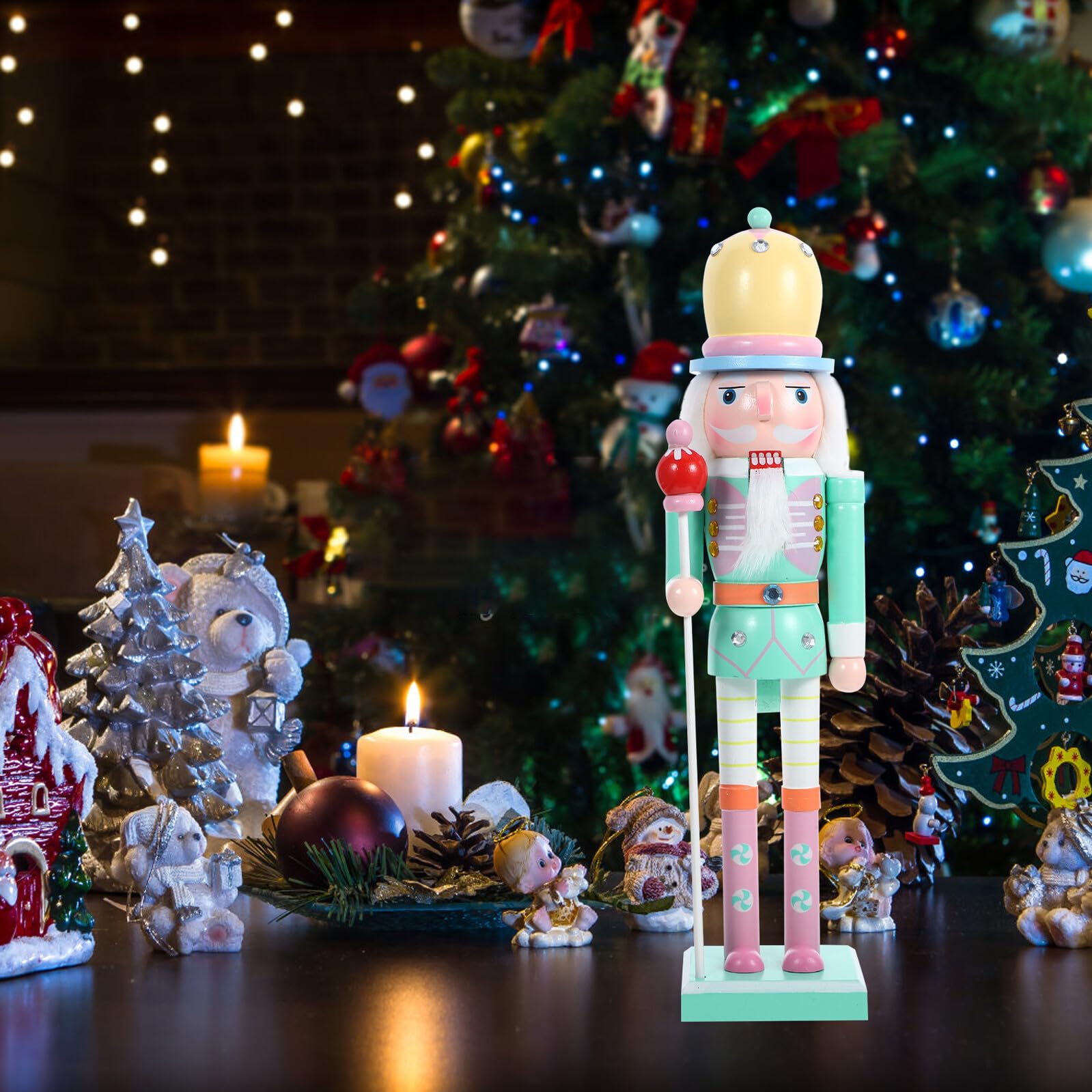 jojofuny Schiaccianoci Natalizio Artigianale in Legno 38 CM Cappello Giallo e Corpo Verde Decorazione da Tavolo per Feste di Natale Ornamento Tradizionale per e Ambienti Interni