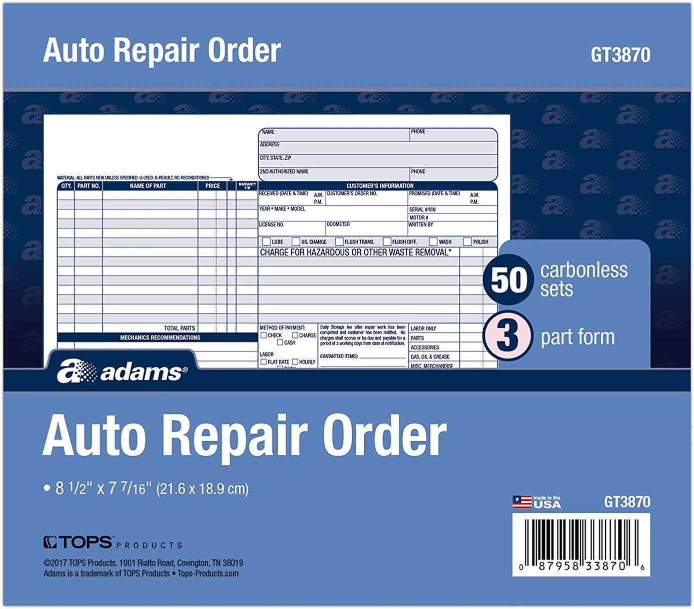 Adams Auto Repair Order Forms, 8.5 x 7.44 Inch, 3Part