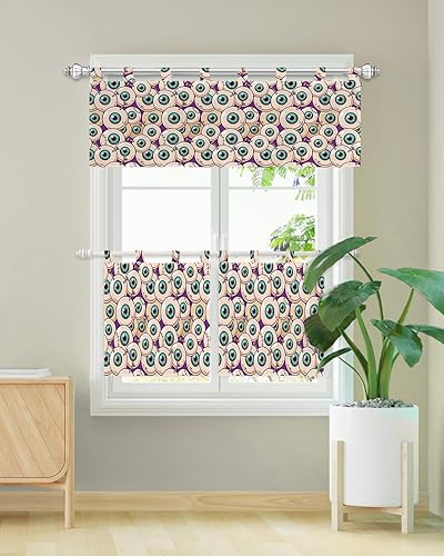 Juego de 3 cortinas y cenefas de cocina para ventanas, temática de Halloween, cenefa de cortina con filtro de luz de ojos de zombi, cortinas de