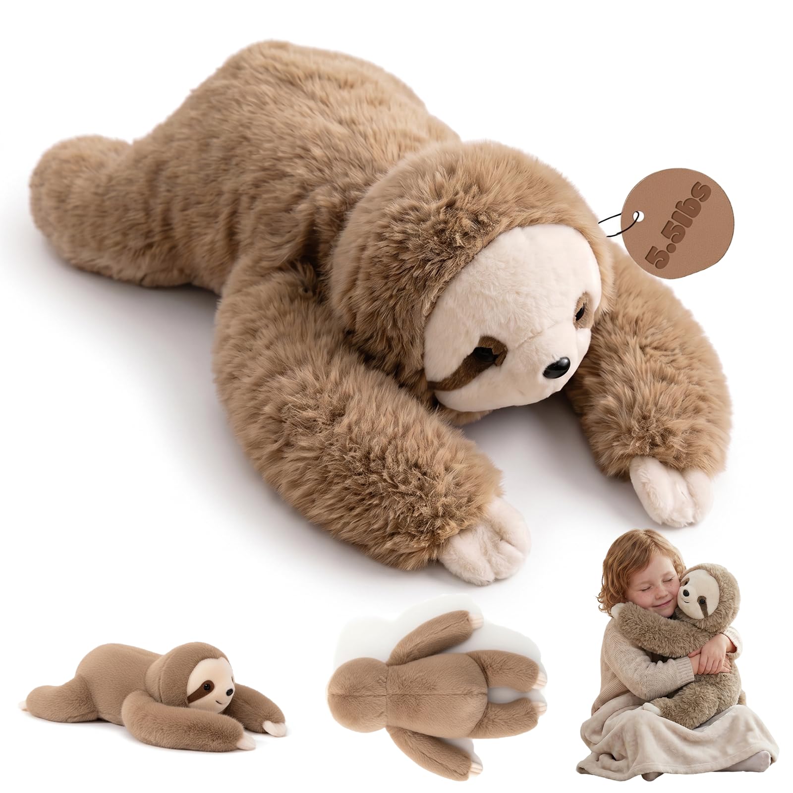 2.5Kg Faultier Gewichtetes Plüschtier Kuscheltier, kuscheliges Stofftier für Erwachsene Kinder, Weiches Plüschkissen für Umarmungsgefährte zur Angstlinderung und Schlafunterstützung (65cm)