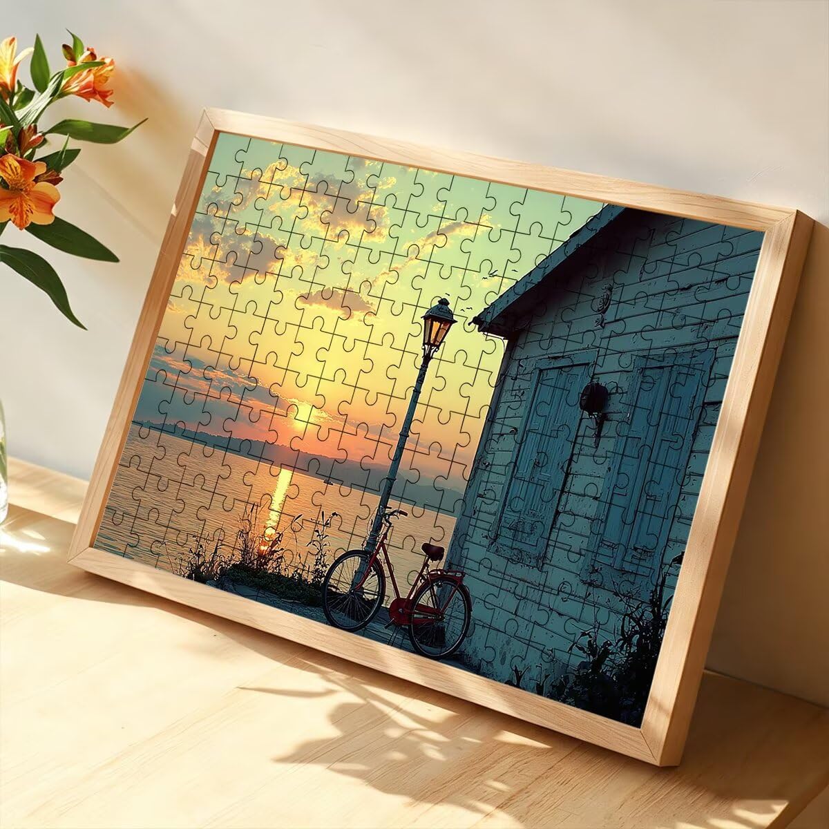 Puzzle 1500 elementów zachód słońca, drewniane puzzle rowerowe, 87x57cm