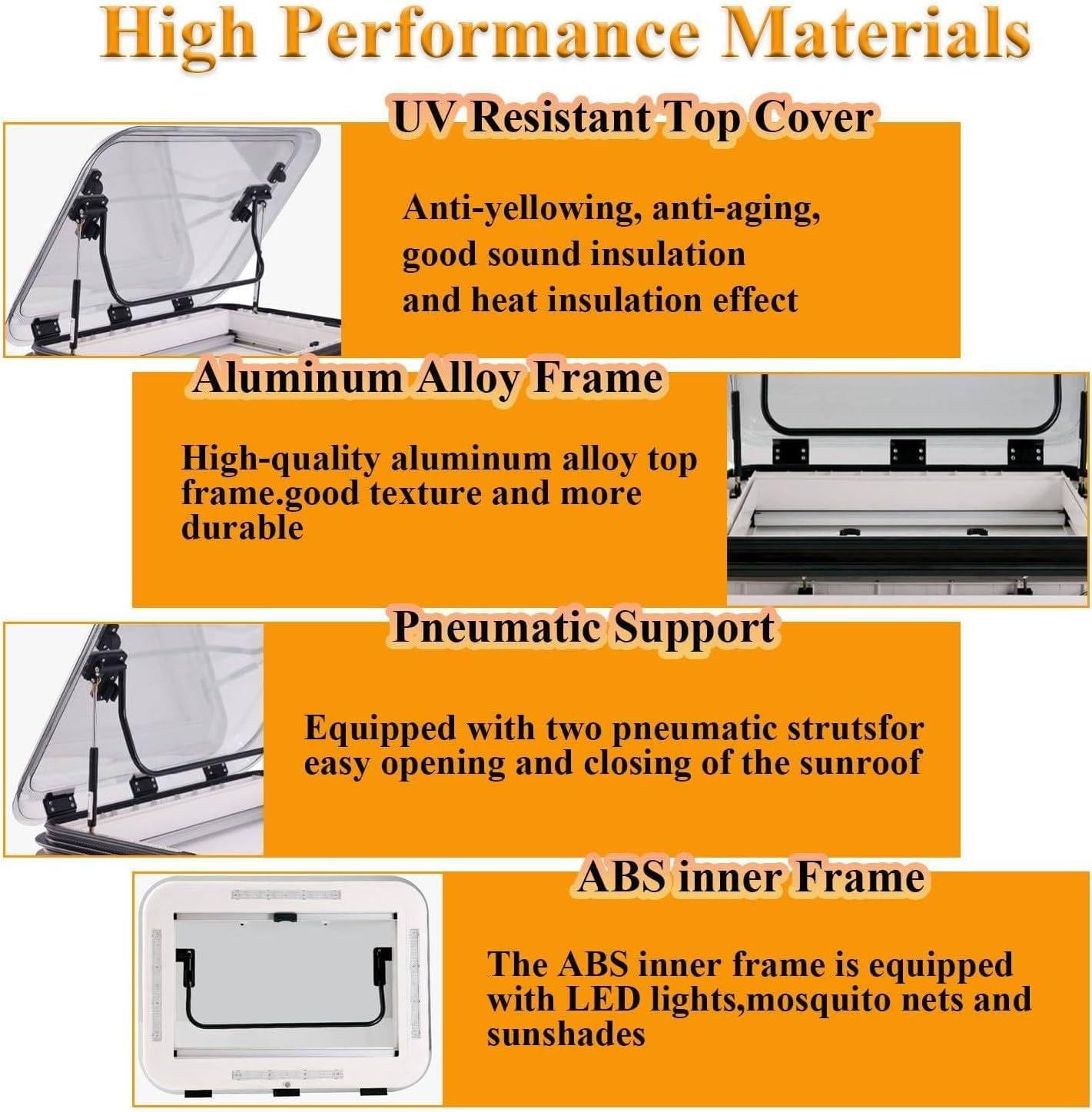 Oblò di Ventilazione per Tetto di Camper, 50/70/80 x 50 cm, Compatibile con oblò per finestre del Tetto di Camper e roulotte con Luce LED, oblò in Lega di Alluminio. 50 * 50cm