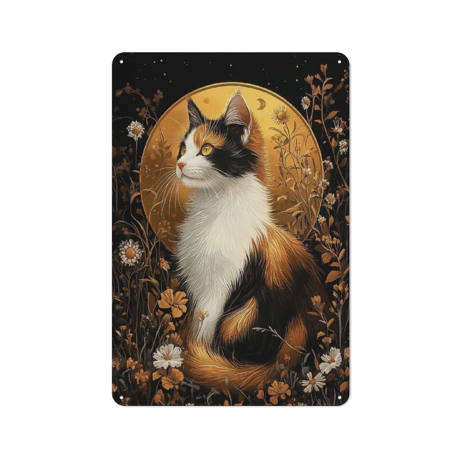 Junmoney Style-23 Calico Cat In Floral Golden Aura Rustic Metal Sign 30X20cm For Dining Room Or Kitchen, Metal Sign Decor For Kitchens And Dining Spaces