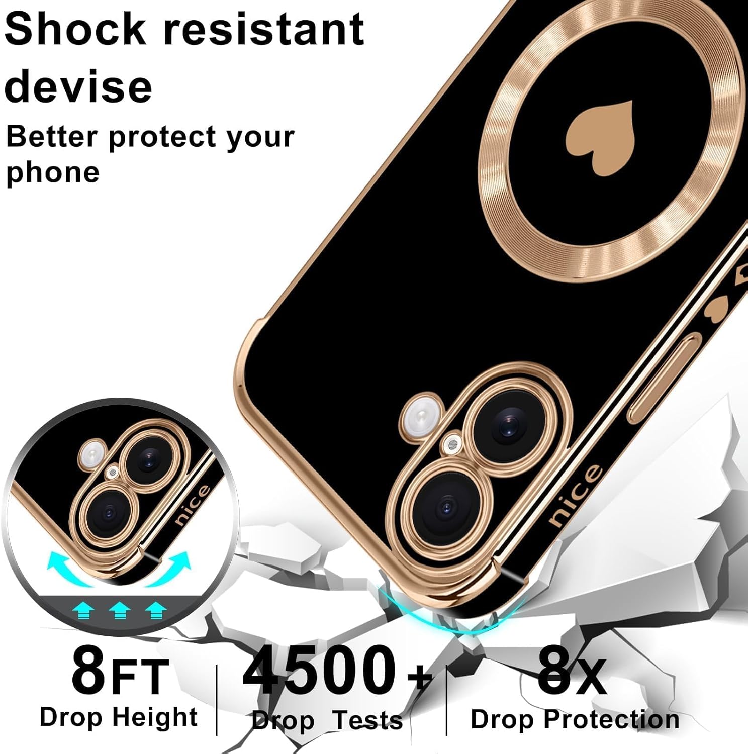 Magnetic Case for iPhone 16 Plus Women Girl Luxury Plating Cute Love Heart Slim Cover Full Camera Lens Protection Compatible with MagSafe for iPhone 16 Plus,Black - Image 4