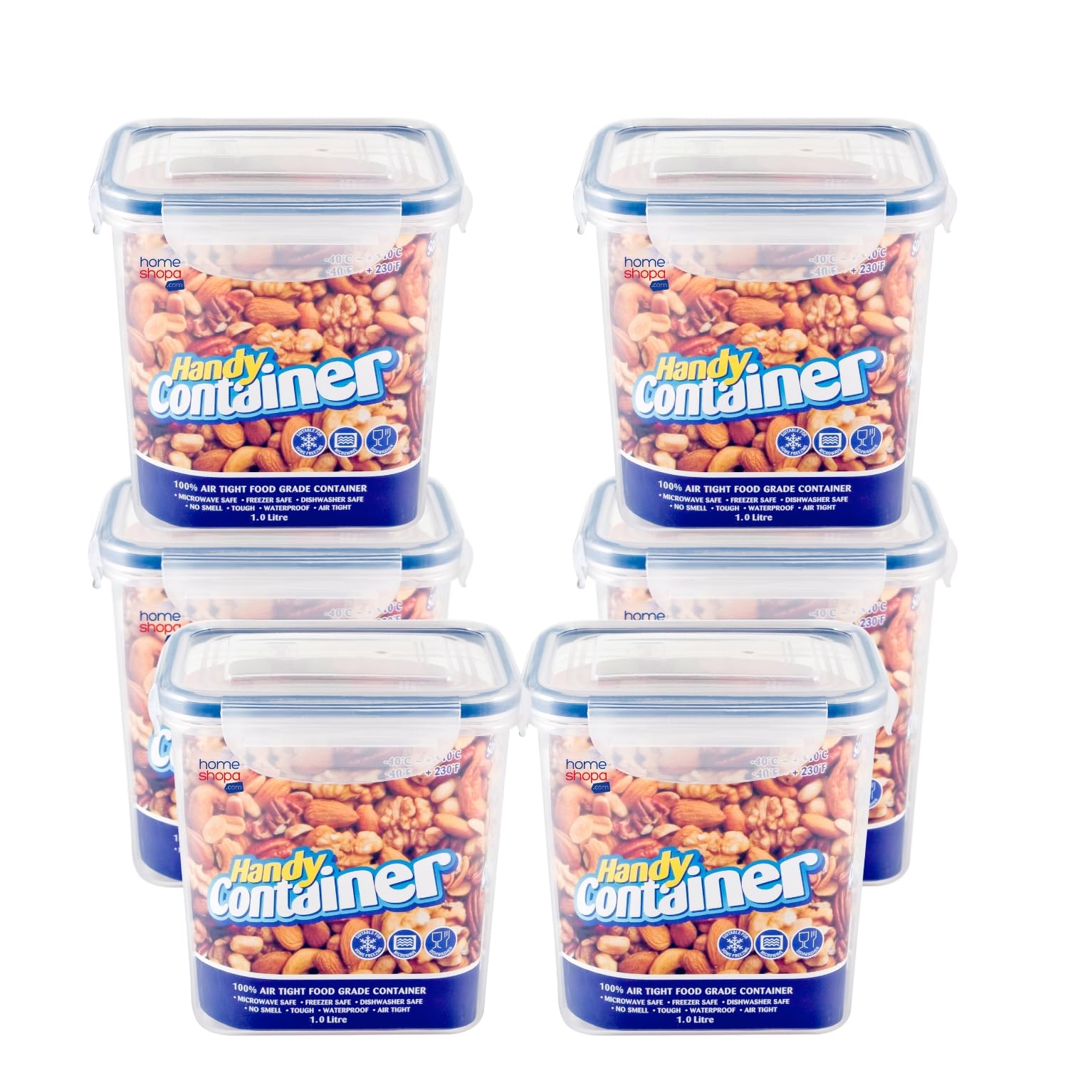 Homeshopa.com Blue Homeshopa Rectangular Airtight Food Storage Plastic Container, 6 Pack 1 Litre Kitchen & Pantry Organisation Canisters, Leakproof Stackable Reusable, Microwave, Dishwasher & Freezer Safe