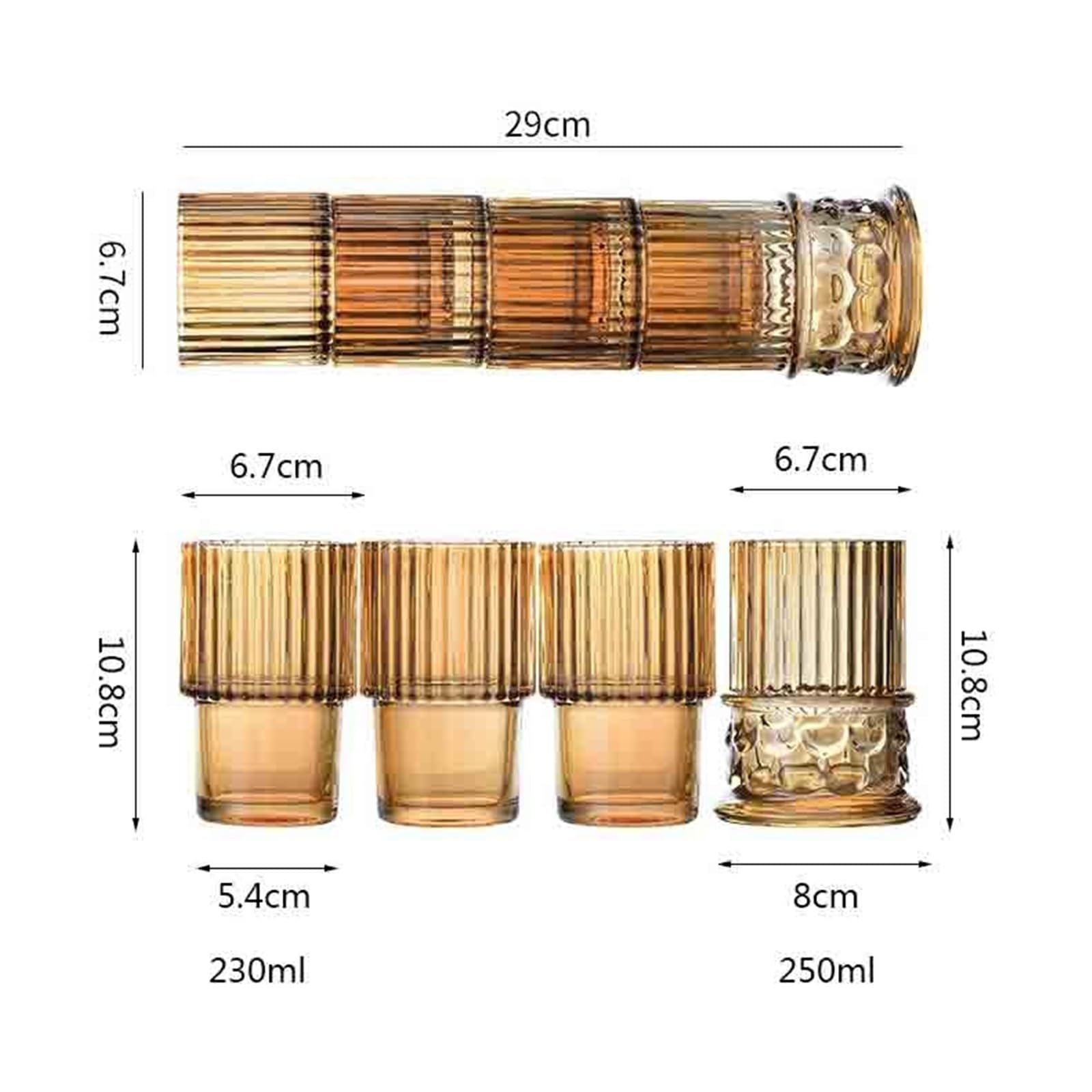 Bicchiere Set di 4 bicchieri color ambra, in vetro goffrato impilabili a forma colonna romana Per uso domestico