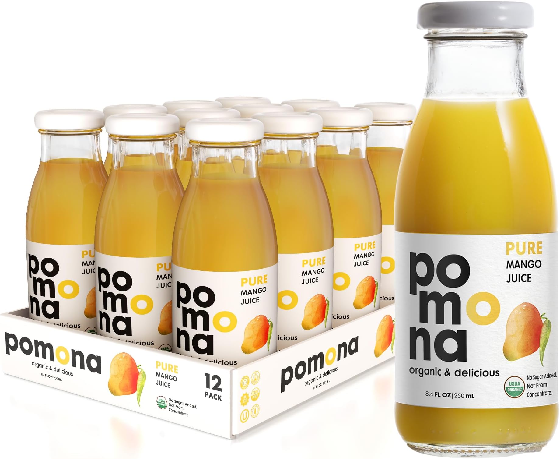 Pomona Organic Juices Pure Mango Juice, 8.4 Ounce Bottle (Pack of 12), Cold Pressed Organic Juice, Non-GMO, No Sugar Added, Not from Concentrate, Gluten Free, Kosher Certified, Preservative Free