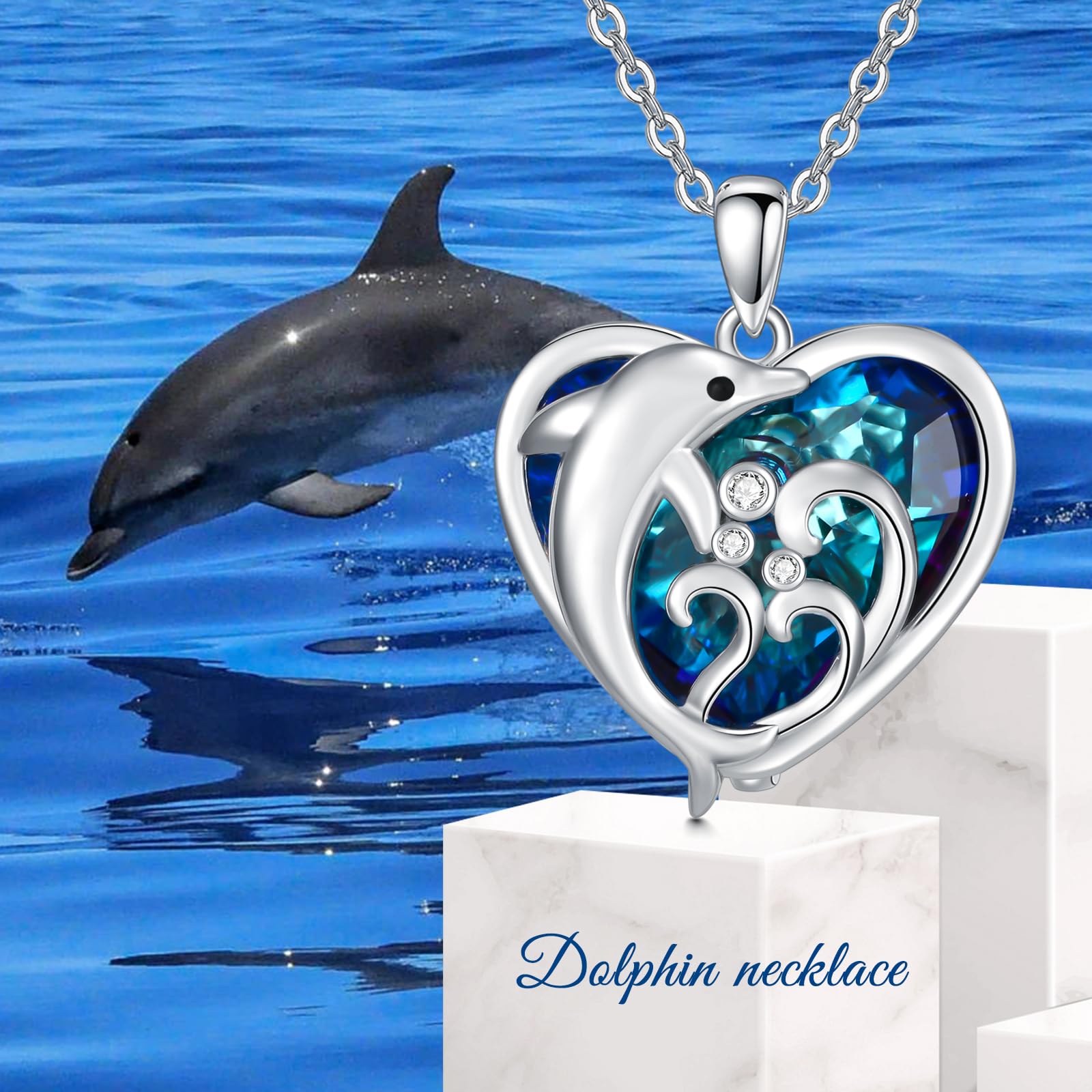 VONALA Delphin Halskette Damen Silber 925, Herz Blau Kristall Anhänger Ketten Delphin Schmuck für Freundin Frau Mutter Tochter
