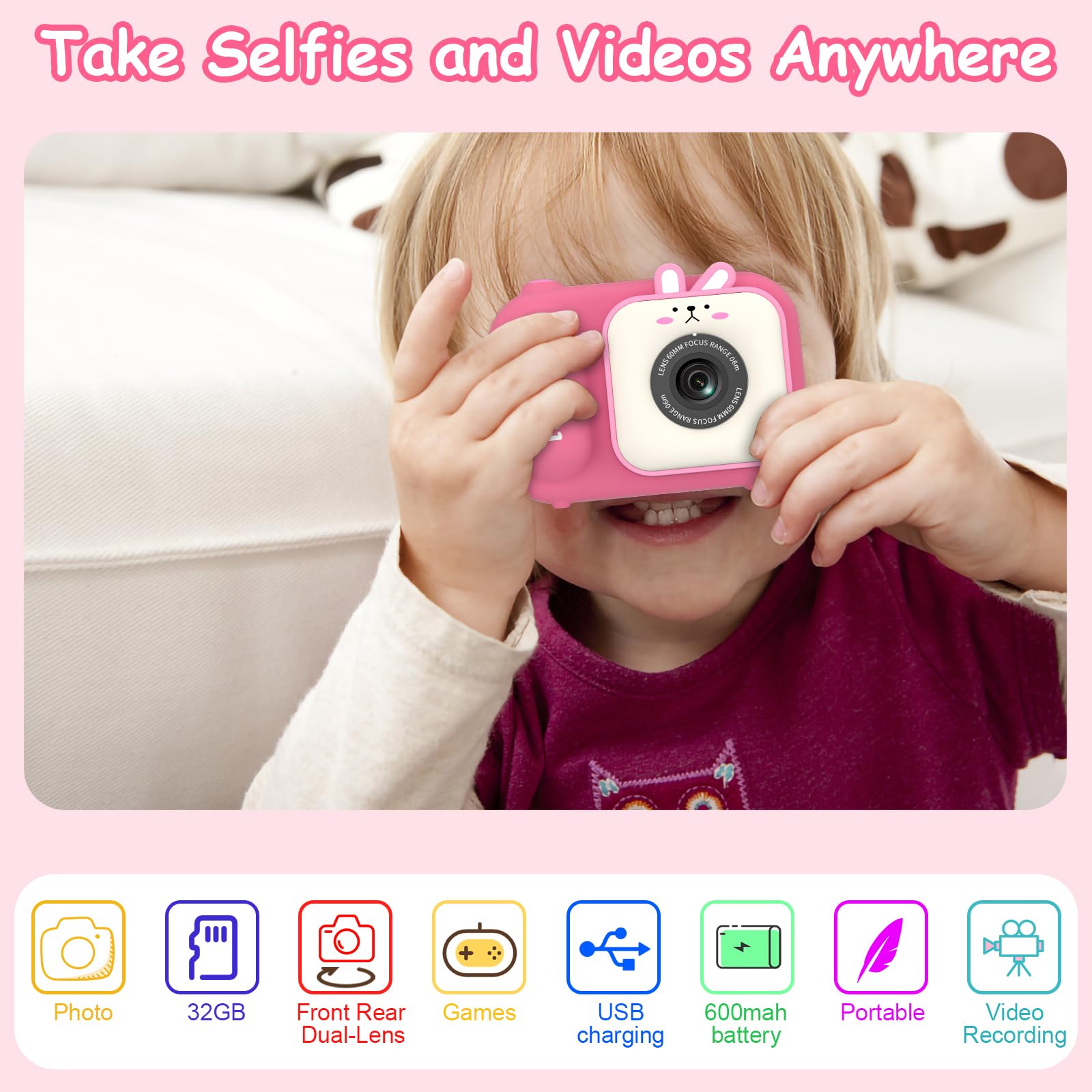 Cámara Infantil Lacosvi Con Flash Y Linterna | 40MP Y 1080P HD | Incluye Tarjeta SD De 32GB | Regalo Para Niñas De 3 A 9 Años En Rosa
