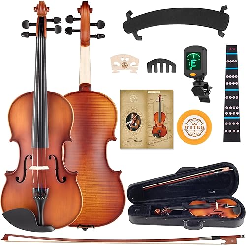 WITEK Violin for Beginners Adult, Kids Violin with Tiger Patternted Maple Violin 4/4 Violin Full Set with Hard Case, Violin Bow, Bridge, Rosin, Shoulder Rest, Stickers, Tuner, Mute, Instructions