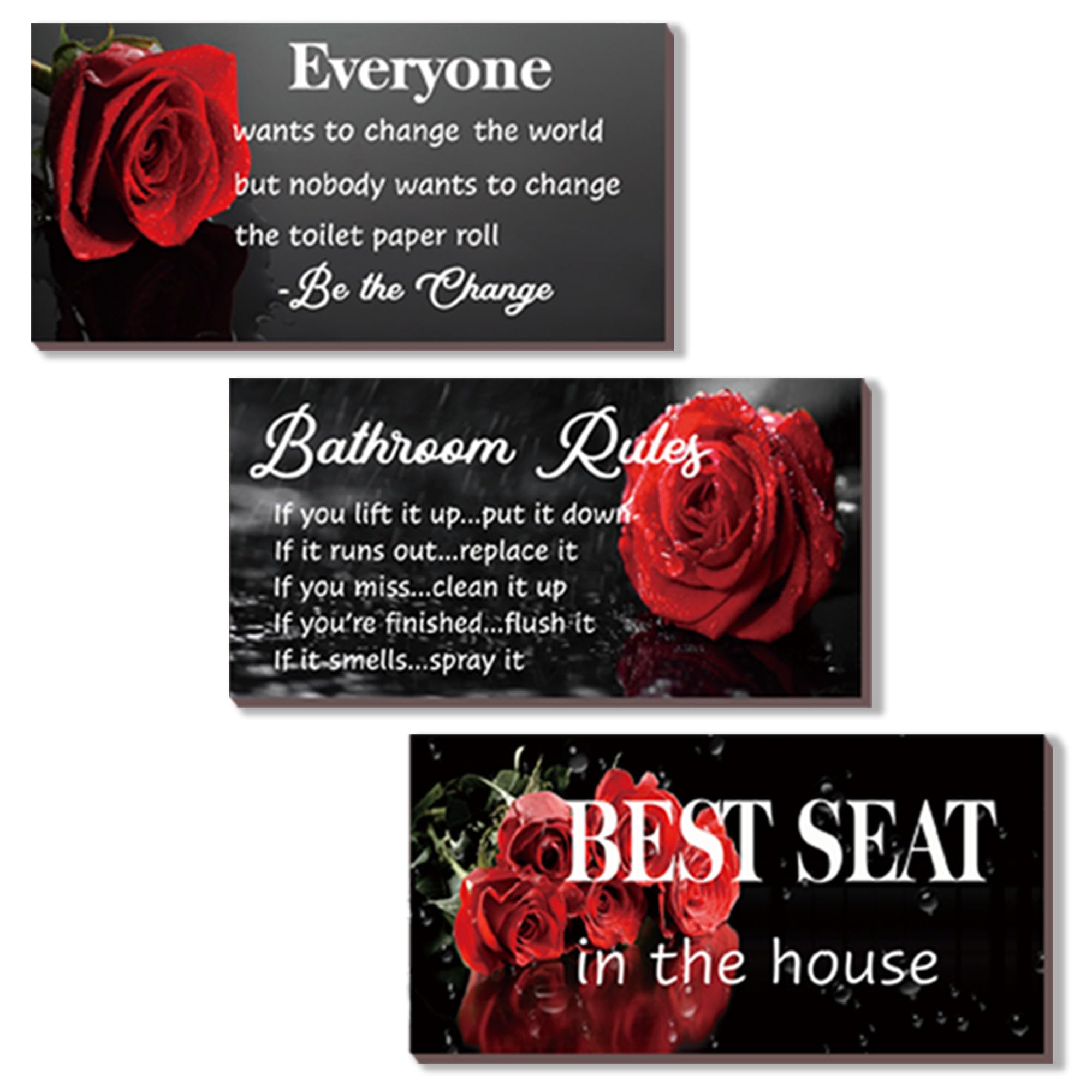 DONFENTHY 3 Pcs Red Bathroom Rules Decor Red Bathroom Decor Rustic Farmhouse Wooden Best Seat in The House Red Rose Hanging Wall Art Red Bathroom Accessories for Bathroom Toilet Decor(Red 10x5)