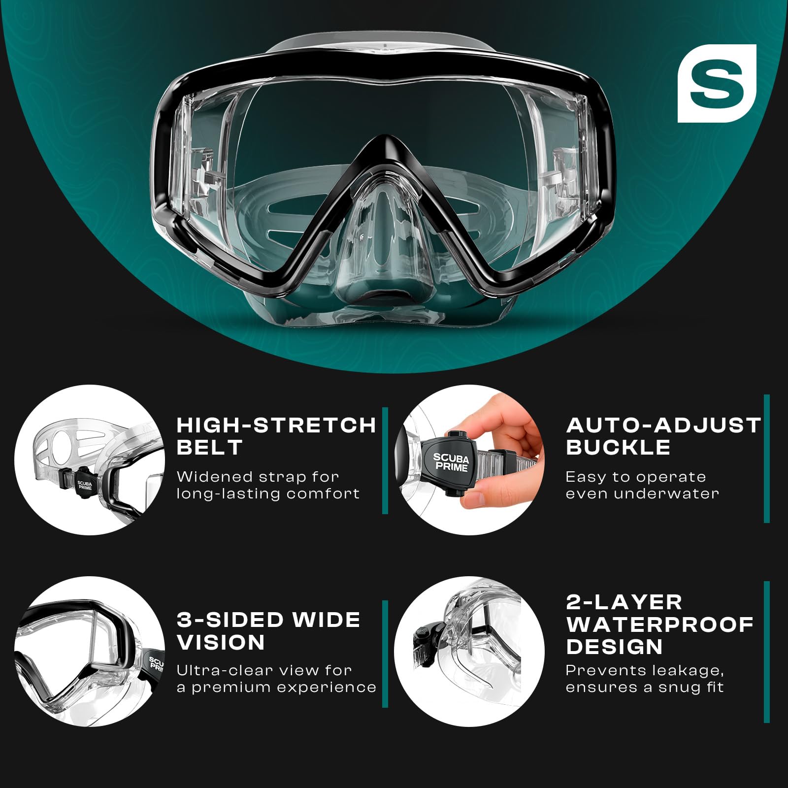 Pano 3 Scuba Diving Mask, Tempered Glass Snorkel Mask Three-Window Scuba Mask No-Leak Dive Mask Silicone Skirt Diving Mask for Snorkeling and Scuba Use